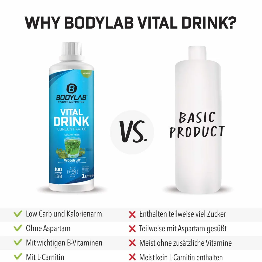 Bodylab24 Vital Drink Concentrated Waldmeister 1000 ml, koncentrat do napojów bez cukru, syrop Zero, z witaminami i L-karnityną, napój sportowy o niskiej zawartości kalorii