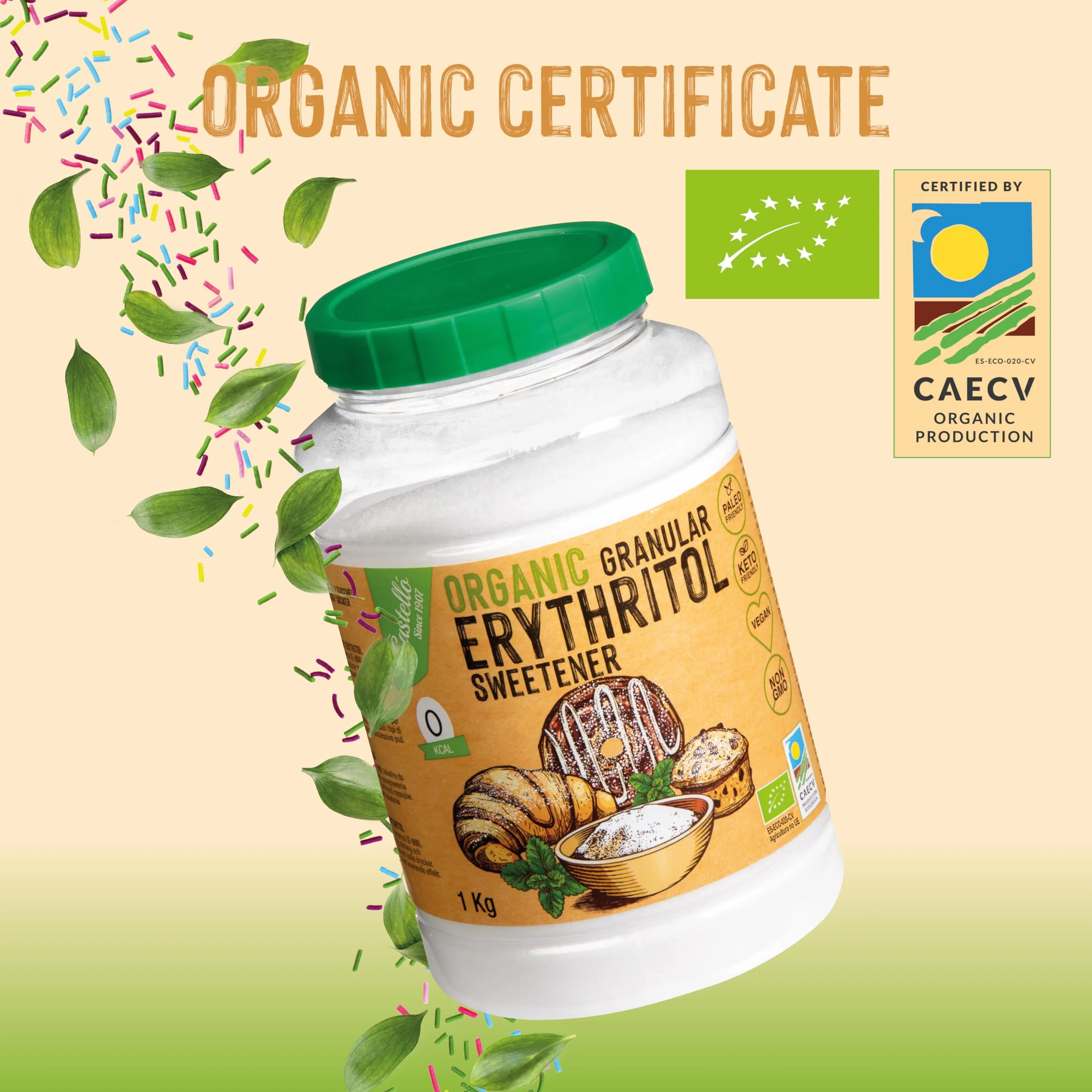 Słodzik z erytrytol Bio Organiczny Ekologiczny | 10g = 7g cukru | Zamiennik cukru - 0 Kalorii - 0 Indeks Glikemiczny - Keto i Paleo - 0 Węglowodanów Netto - Bez GMO - Castello since 1907-1 kg