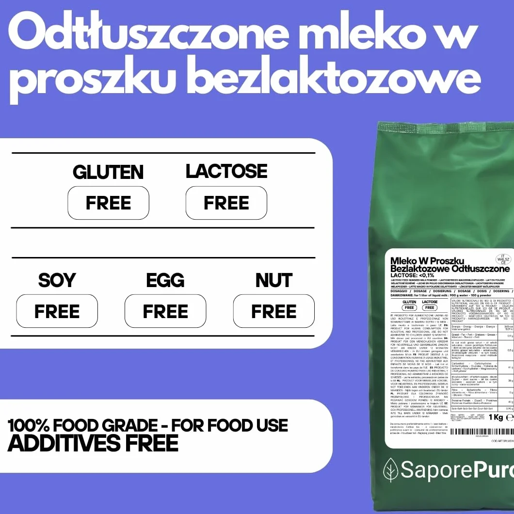SaporePuro Odtłuszczone Mleko w Proszku Bez Laktozy 1 kg | Wysoka Rozpuszczalność | Idealne do Ciast, Chleba i Lodów | Zastosowanie Profesjonalne i Przemysłowe | Bez Laktozy | Bezglutenowe