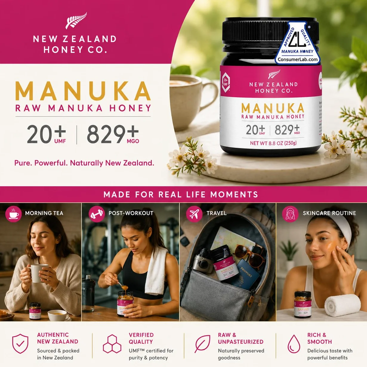 New Zealand Honey Co. Naturalny miód Manuka UMF 20+ / MGO 829+ | 250g