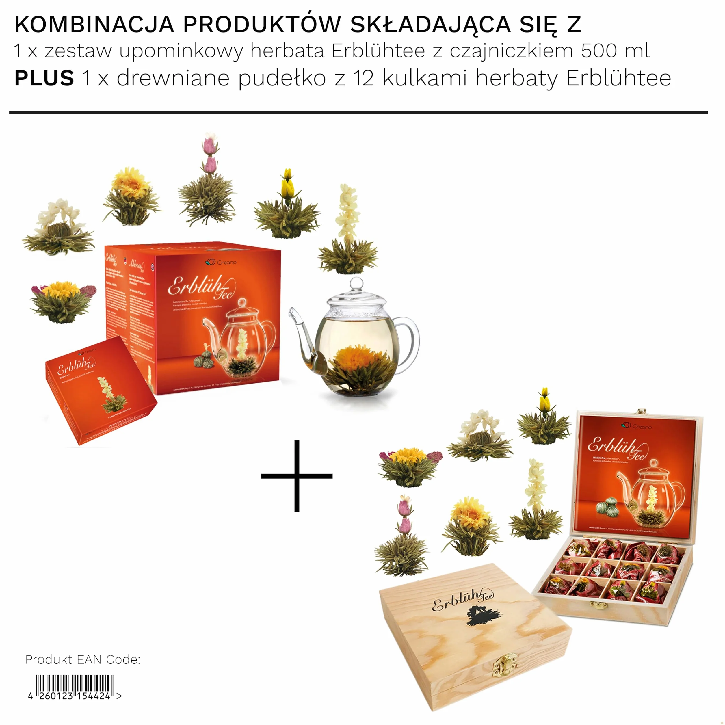 Creano Mieszanka kwiatów herbacianych - zestaw upominkowy ErblühTee ze szklanym dzbankiem i 6 kwiatami herbacianymi + 12 róż herbacianych w drewnianej skrzynce na herbatę w 6 rodzajach - biała herbata