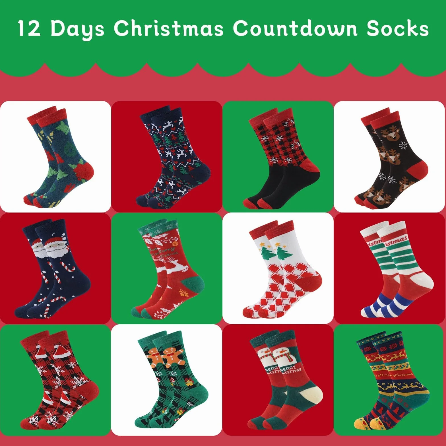 ANOTION Skarpety świąteczne kalendarz adwentowy 12 dni, 12 ciepłych skarpet dla mężczyzn, wzory choinka elf bałwan