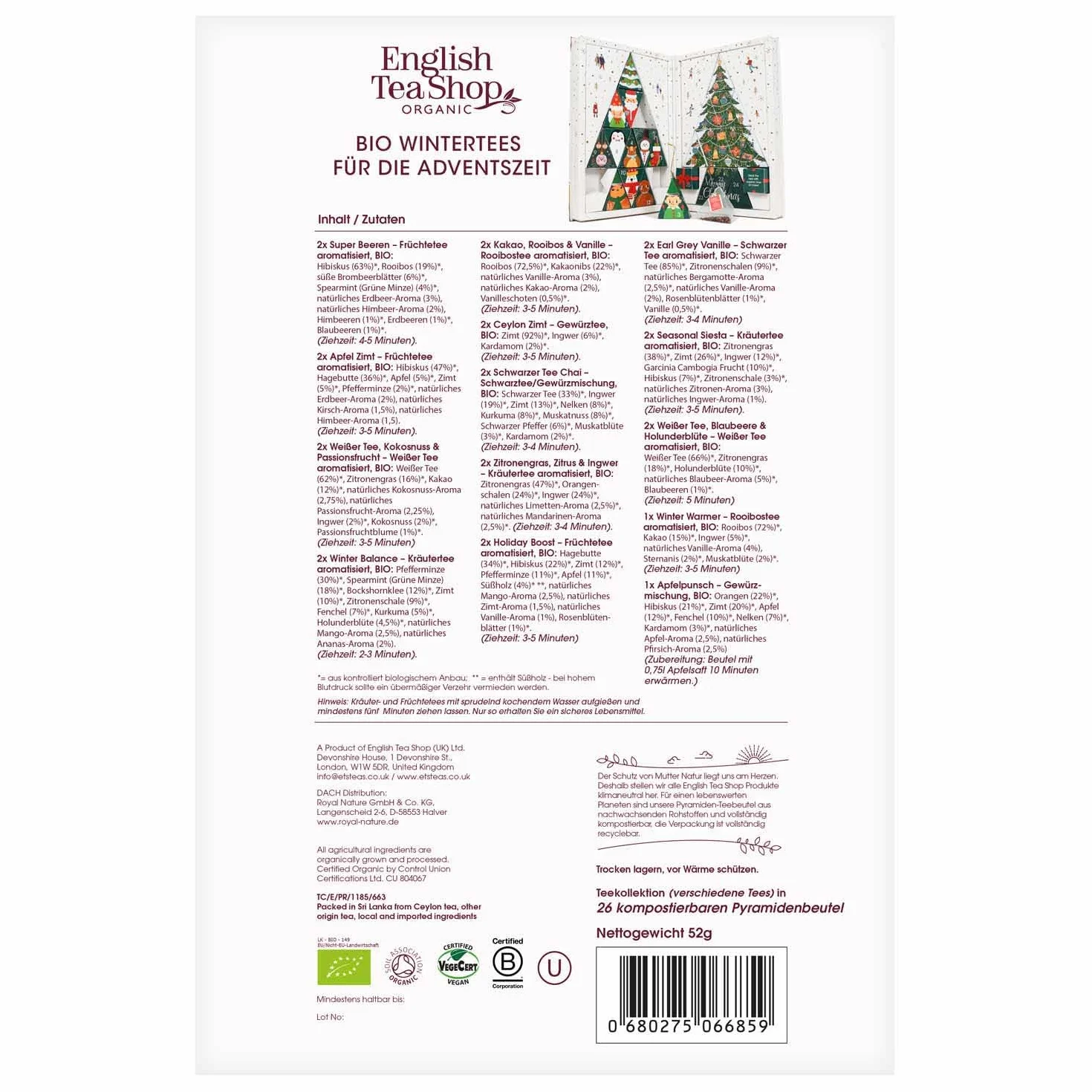 English Tea Shop - BIO Teebuch Kalendarz Adwentowy z Herbatą, 24 x Chai, Herbata Owocowa, Herbata Ziołowa i Atrakcje | Duży Kalendarz Adwentowy w Kształcie Książki z Kompostowanymi Torebkami