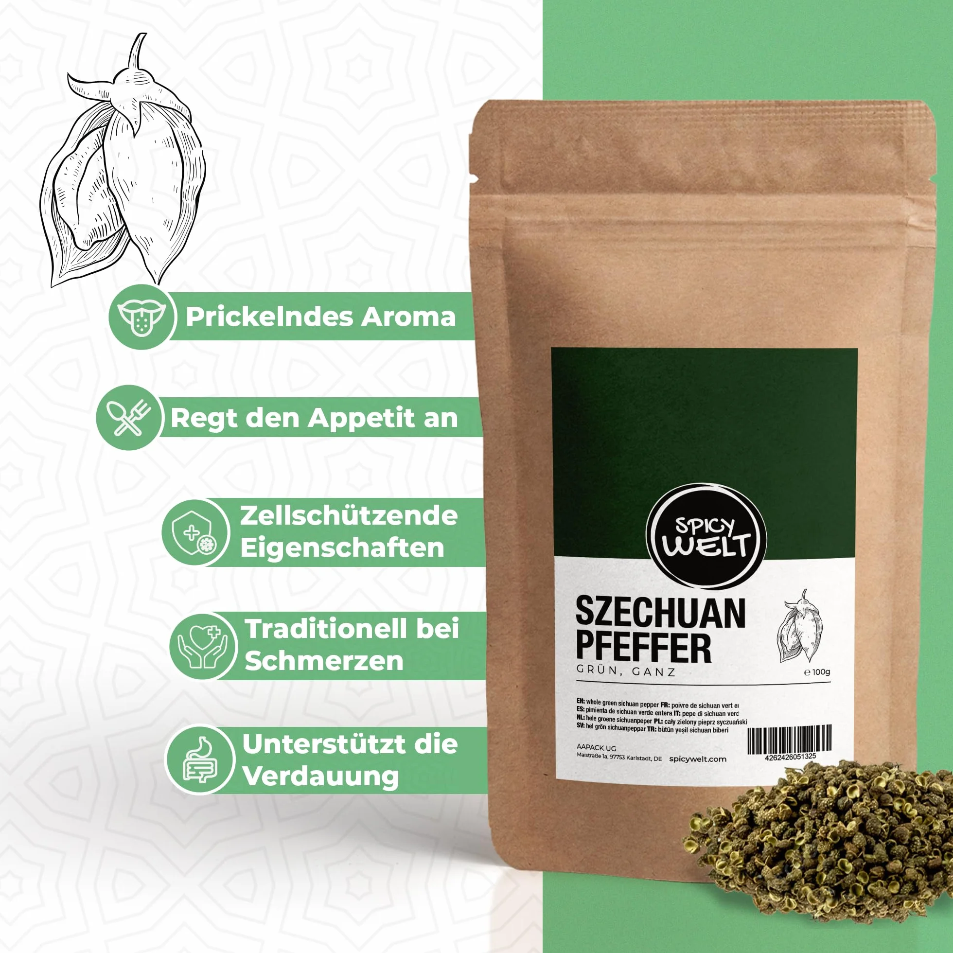 Spicy Welt Pieprz Syczuański Zielony Cały (100g) – Ziarna do Ryb, Owoców Morza, Woka, Zup i Kuchni Chińskiej | Intensywny Aromat Limonki i Silne Mrowienie | 100% Naturalny, Bez Dodatków
