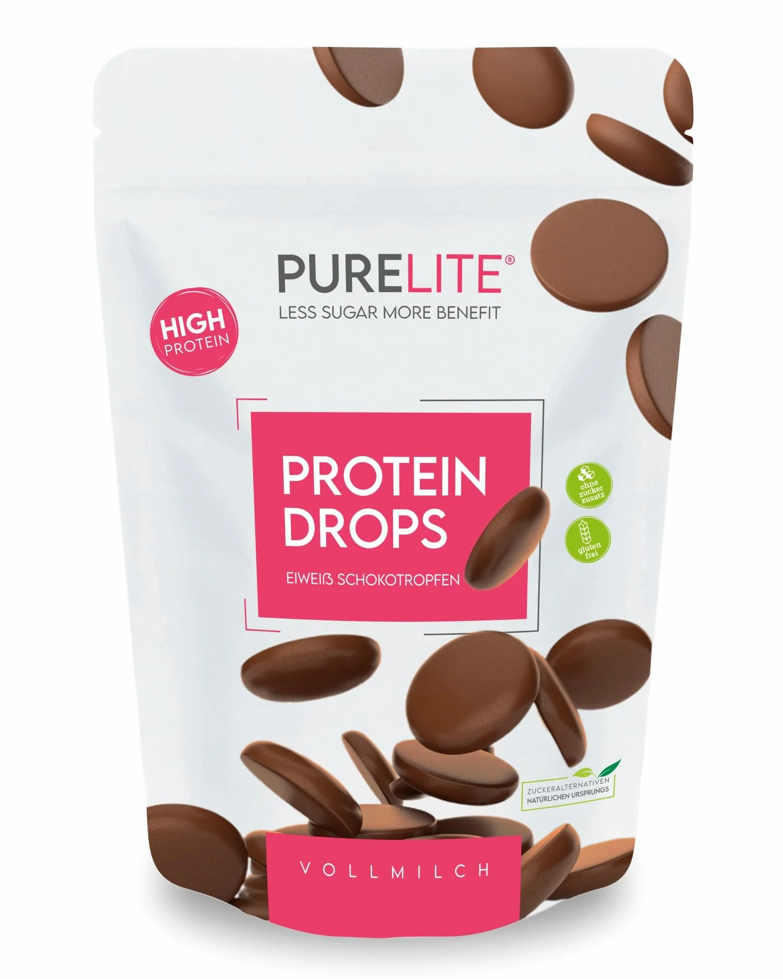 PURELITE Protein Drops Krople Czekoladowe Mleczne, bez cukru, wegetariańskie, słodzone erytrytolem i stewią, do roztapiania i pieczenia, kuwertura, 77% mniej cukru, niskokaloryczne, 450g