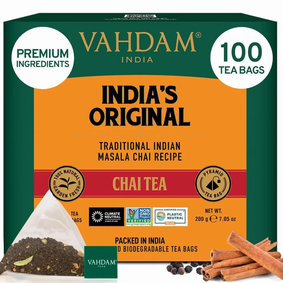 VAHDAM, Indyjska oryginalna torebka herbaty Masala Chai (100 torebek herbaty piramidowej), 100% naturalne przyprawy – czarna herbata, kardamon, cynamon, czarny pieprz i goździki, mieszane i pakowane w