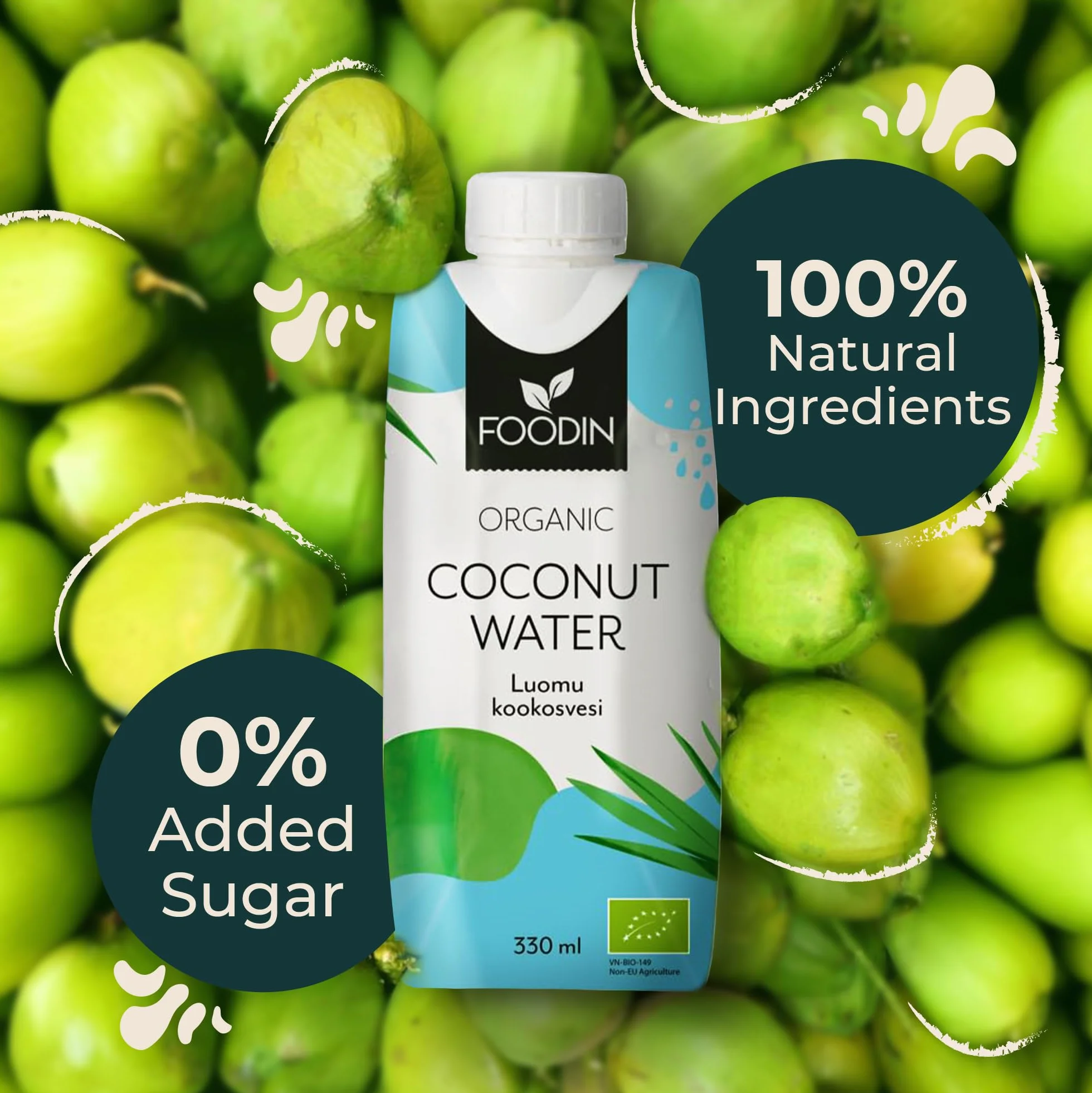Foodin Woda Kokosowa Organiczna, Naturalnie Nawilżająca z Elektrolitami, Bez Tłuszczu, Bez Glutenu, Bez GMO, Niskokaloryczna - Kojący Gaszenie Pragnienia - Opakowanie 12 sztuk (12x330ml)