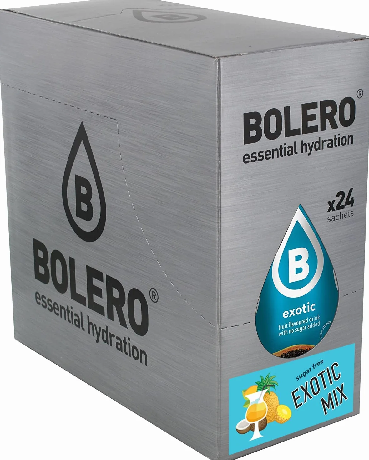 Bolero Drinks Exotic Mix 24x9g | Orzeźwiający napój w proszku bez cukru słodzony stewią | Witamina C | odpowiedni dla diabetyków | smaki różnych egzotycznych owoców