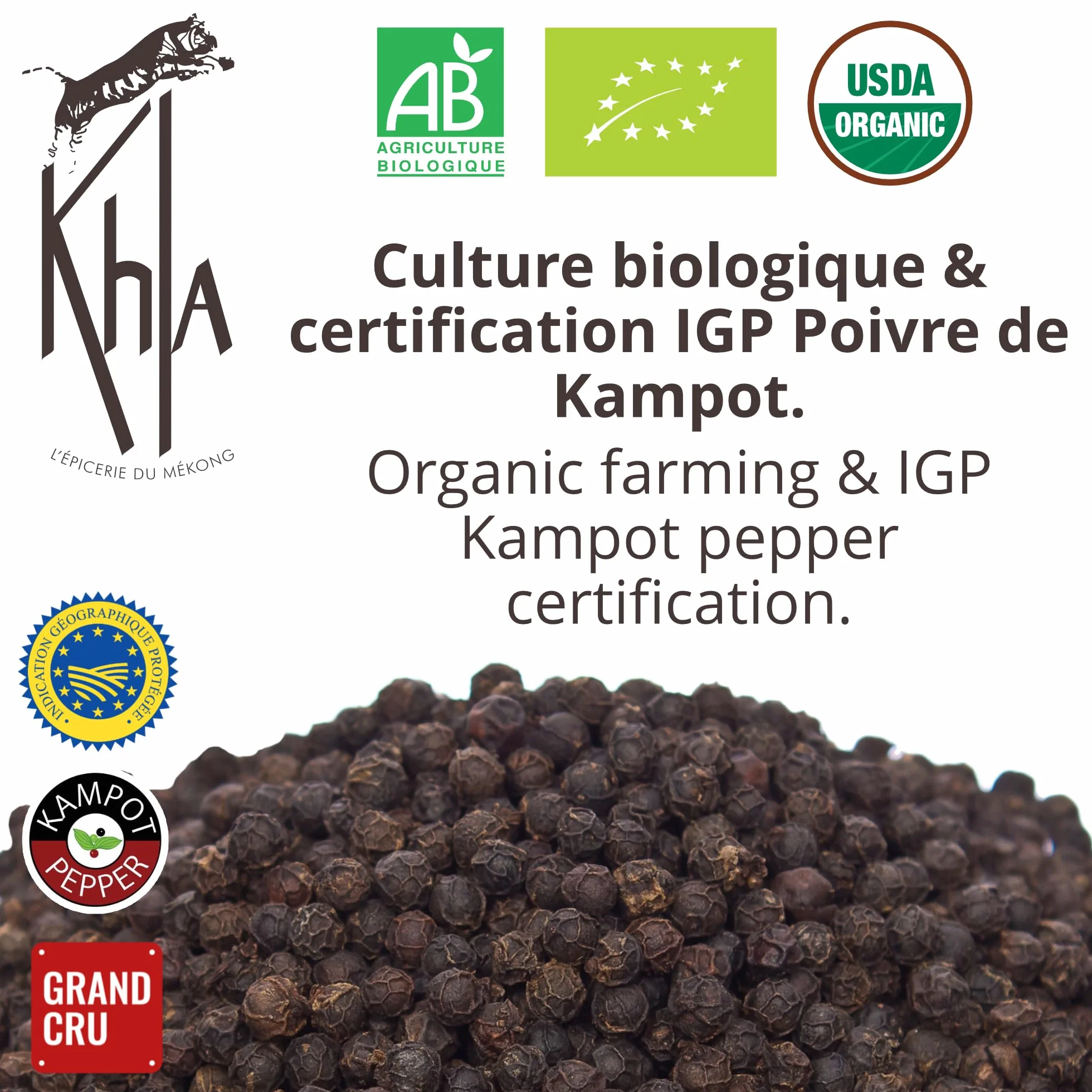 Khla - Kampot pieprz czarny bio 120 g - czarny pieprz całkowicie organiczny - Grand Cru - składnik kuchni - bezpośrednio od producenta - całe ziarna do młynka - z Kambodży