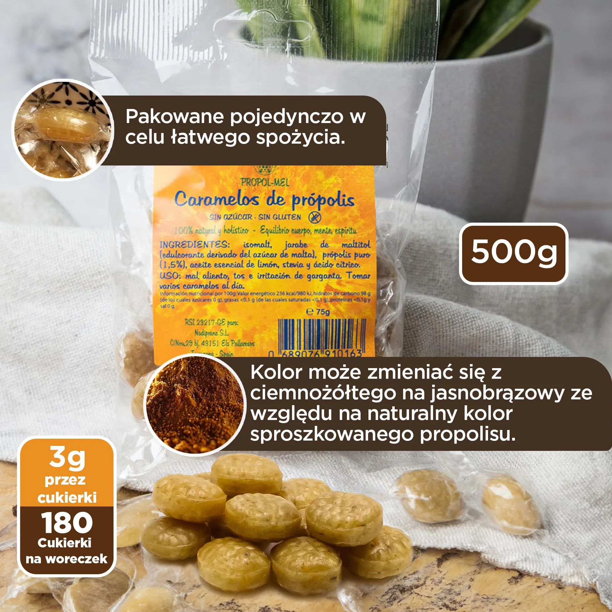 500 g - Cukierki Propolis Bezglutenowe i Bez Cukrowe. Wykonane z drobno posiekanego czystego propolisu. Polecany przy nieświeżym oddechu, narządach jamy ustnej i gardle. Odwiedź sklep Propol-Mel