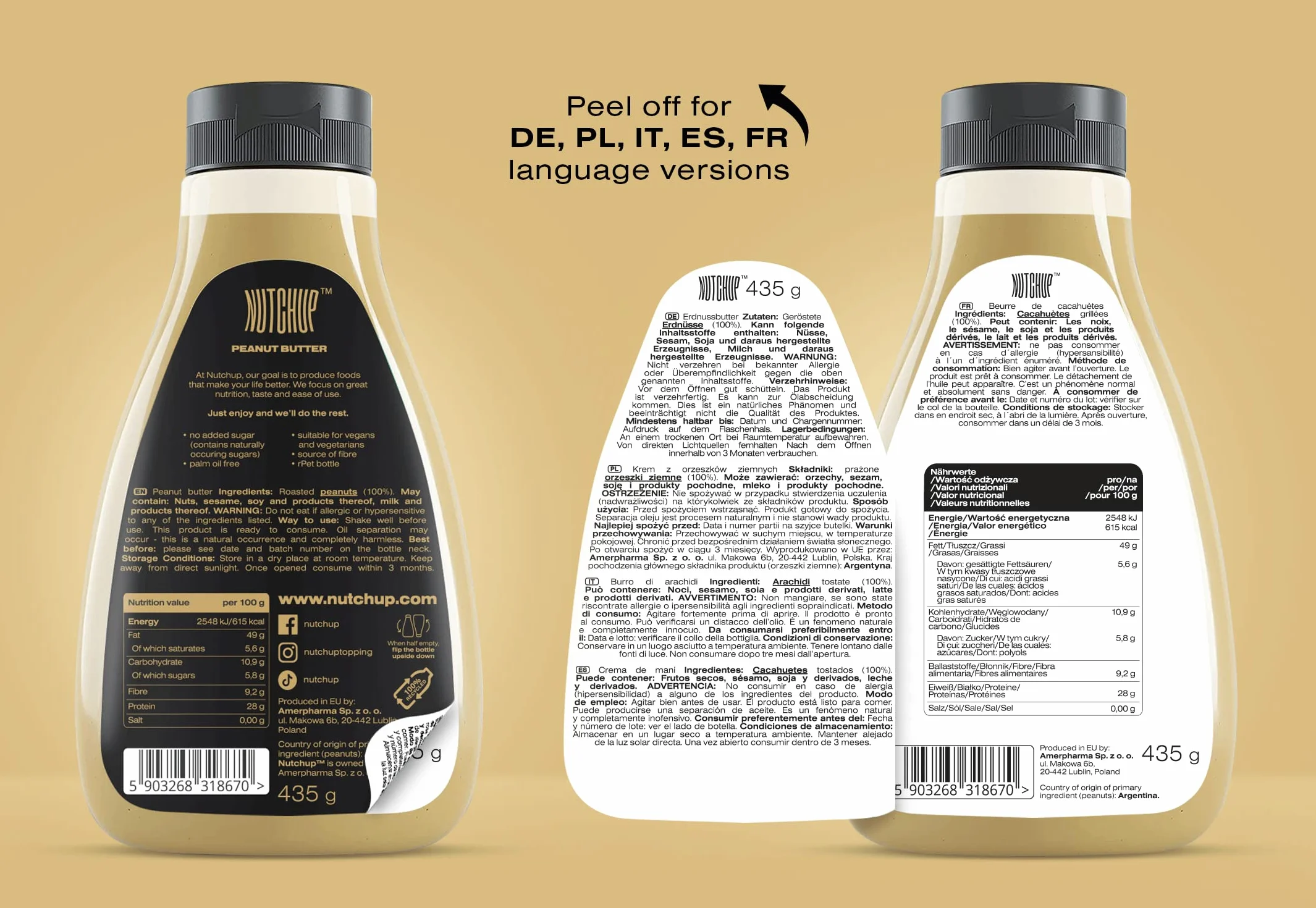 NUTCHUP | Pierwsze wyciskane masło orzechowe nabite w butelkę | Kremowa polewa orzekowa | Butelka 435g (Oryginalny)