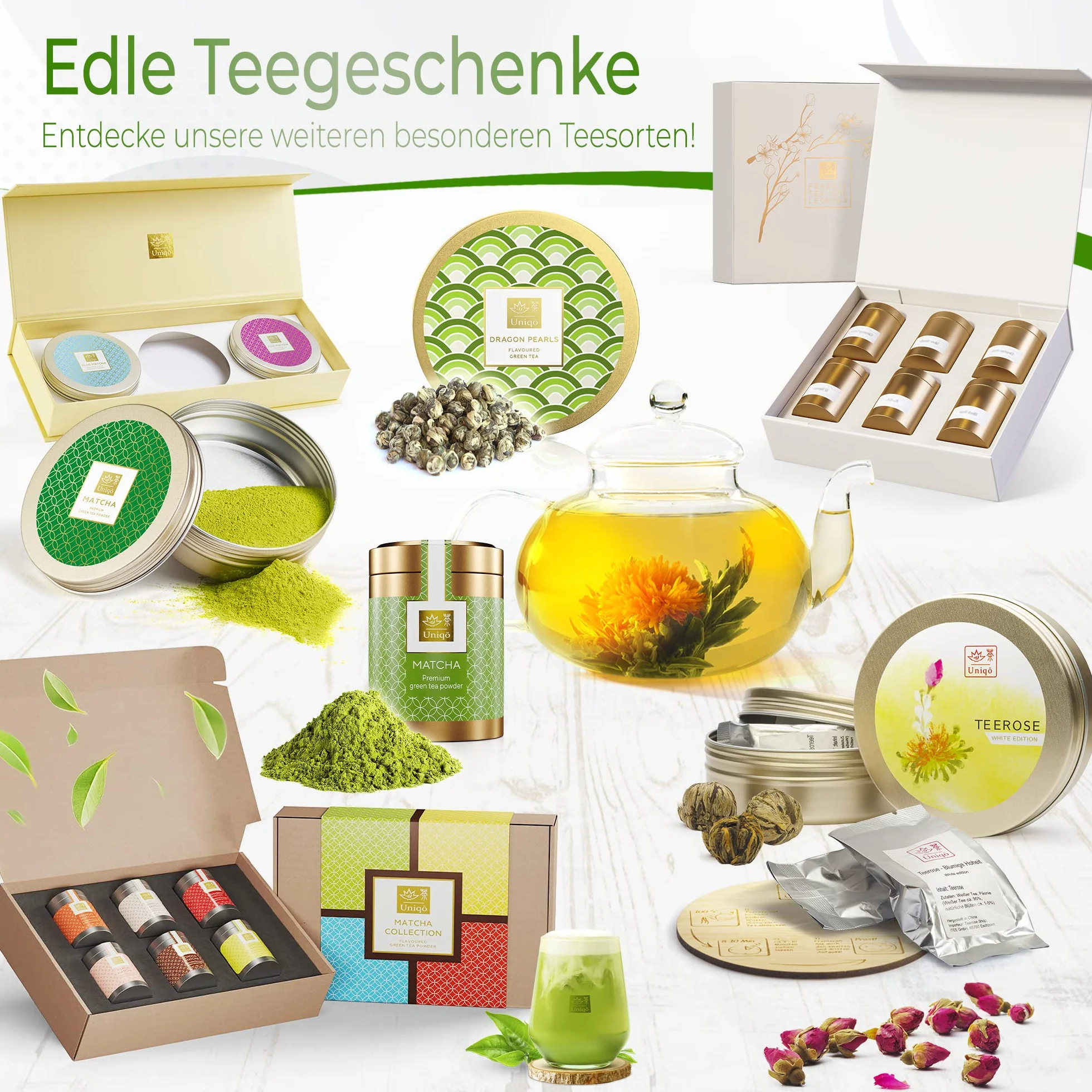 Tea Uniqo – Litchi matcha w proszku – idealny do Bubbletea, lodu lub smoothies – matcha latte w proszku o smaku liczi, bez sztucznych barwników w szlachetnej puszce