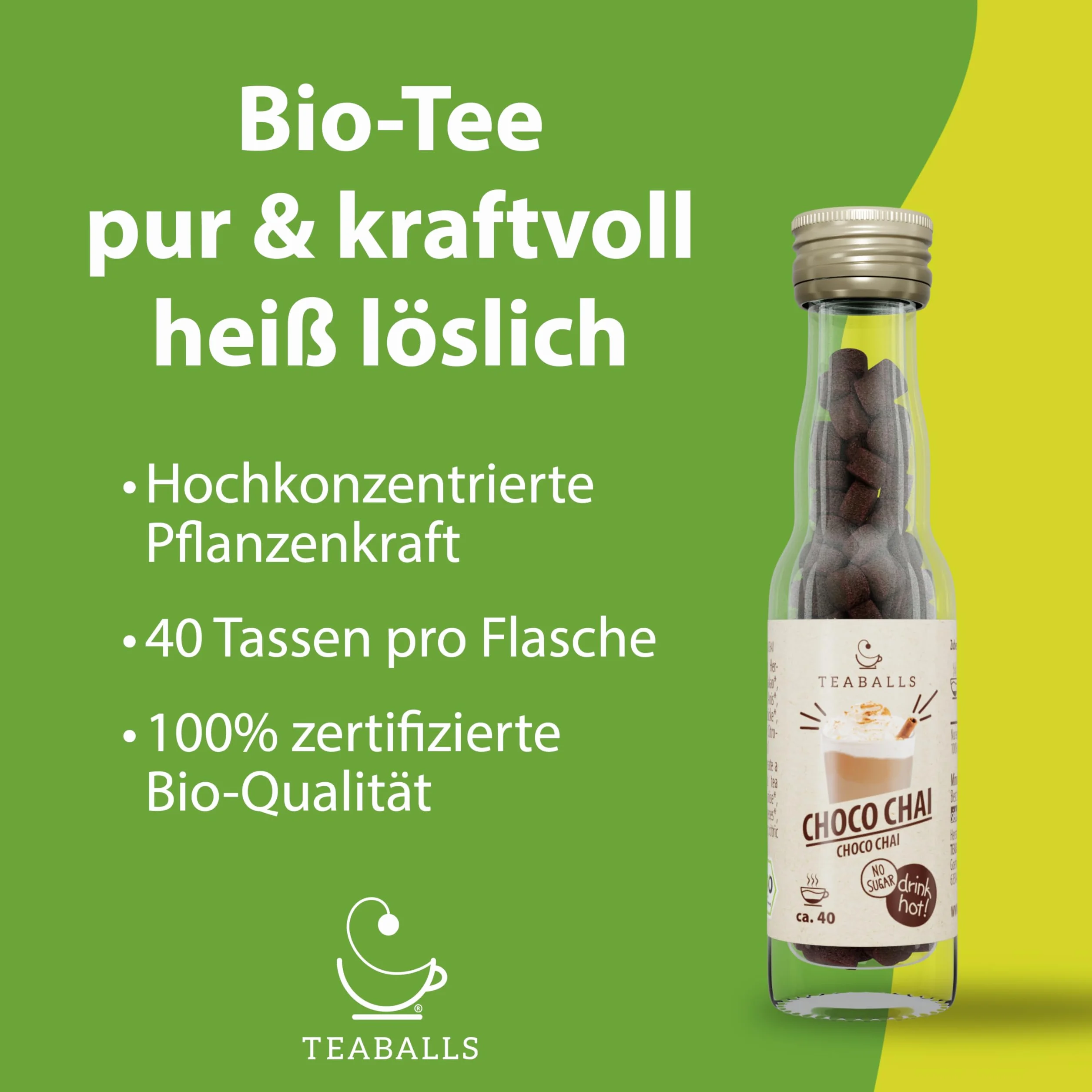 TEABALLS – BIO CHOCO CHAI – herbata kakaowa z przyprawami, bez worka, tylko z gorącą wodą, czekoladowo-pikantna, 40 filiżanek, bez cukru i kalorii, wegańska, niemiecka innowacja