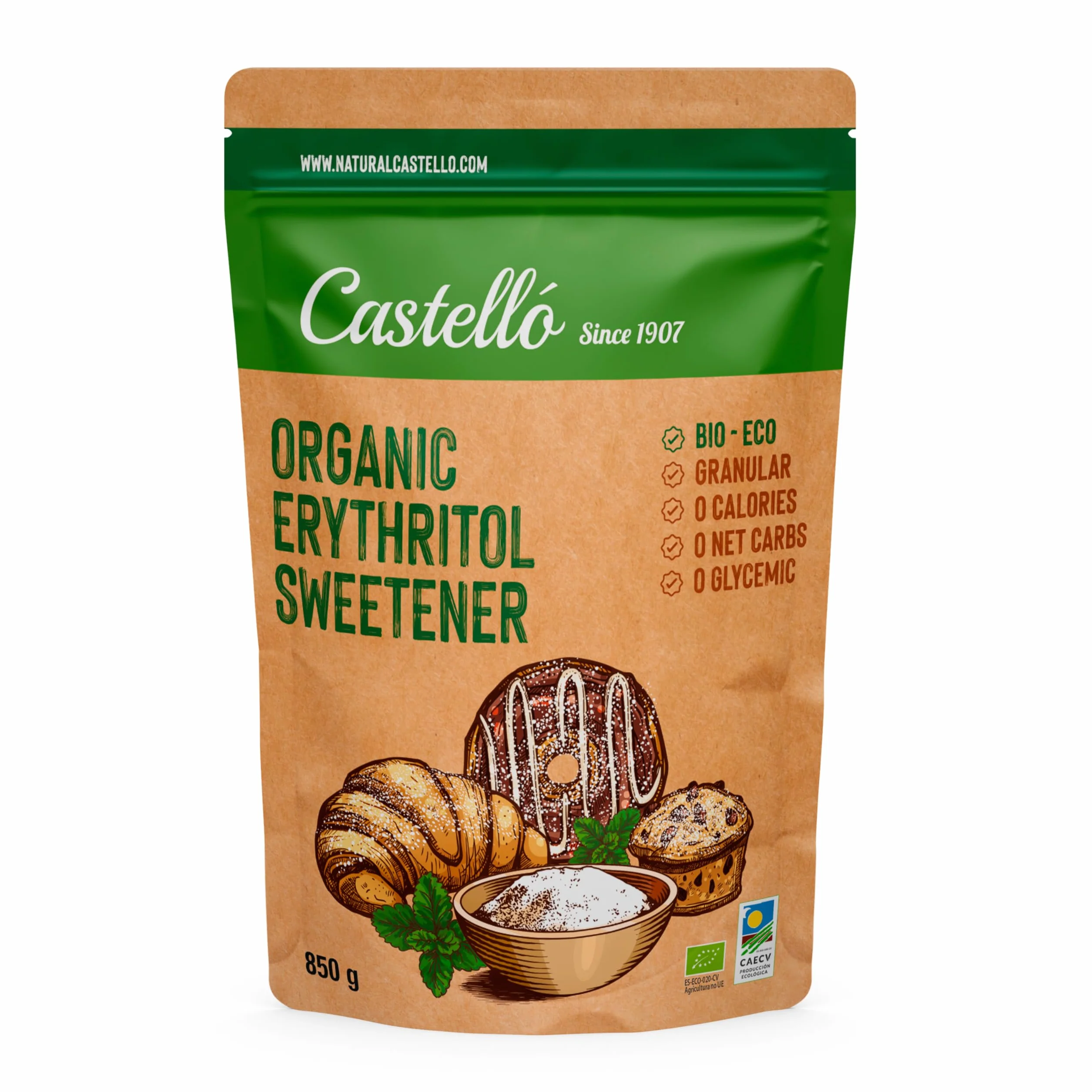 Słodzik z erytrytol Bio Organiczny Ekologiczny | 10g = 7g cukru | Zamiennik cukru - 0 Kalorii - 0 Indeks Glikemiczny - Keto i Paleo - 0 Węglowodanów Netto - Bez GMO - Castello since 1907-850 g