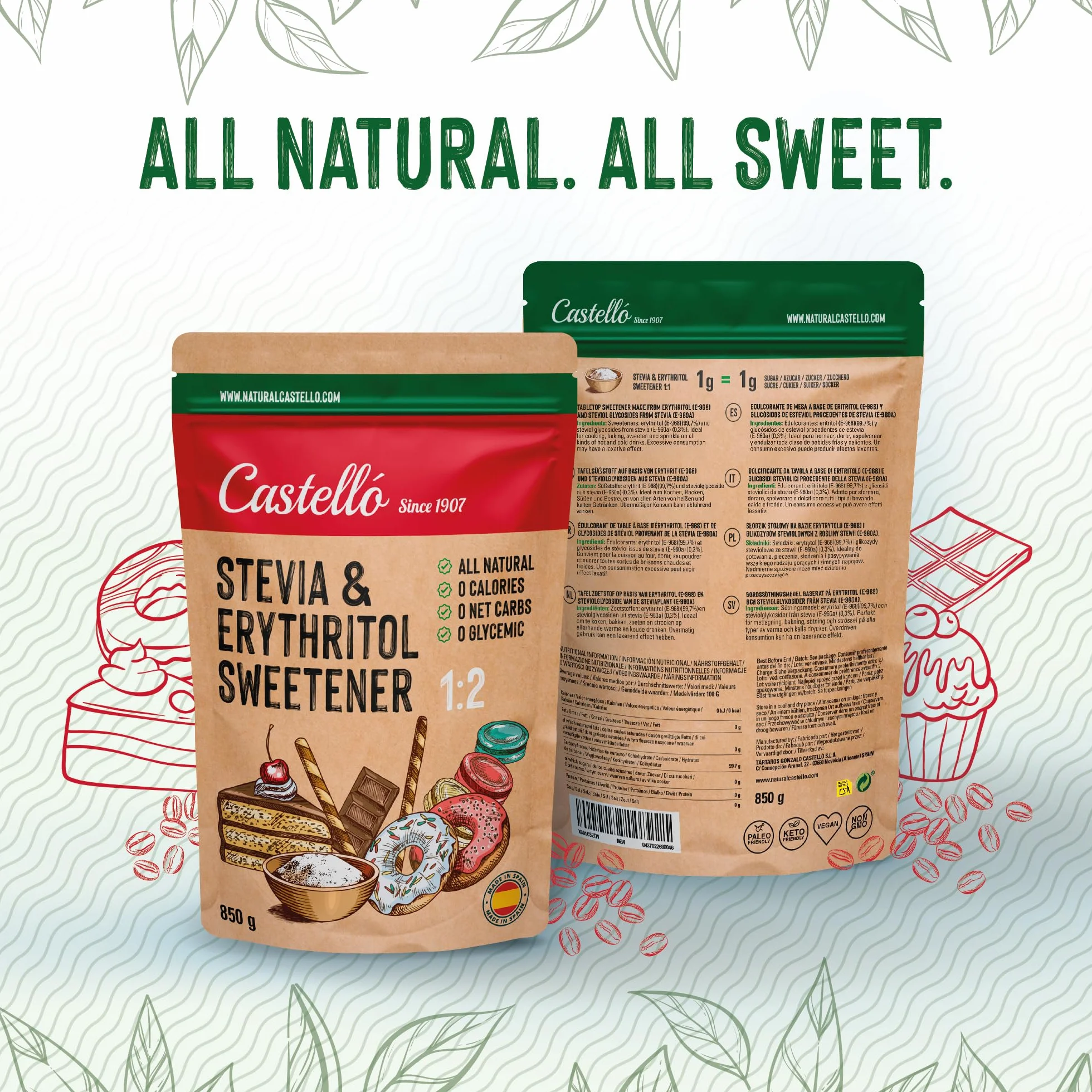 Castello Słodzik Stevia Erytrytol 1:1 850g Naturalny 0 Kalorii 0 Indeks Glikemiczny Keto Paleo Bez GMO