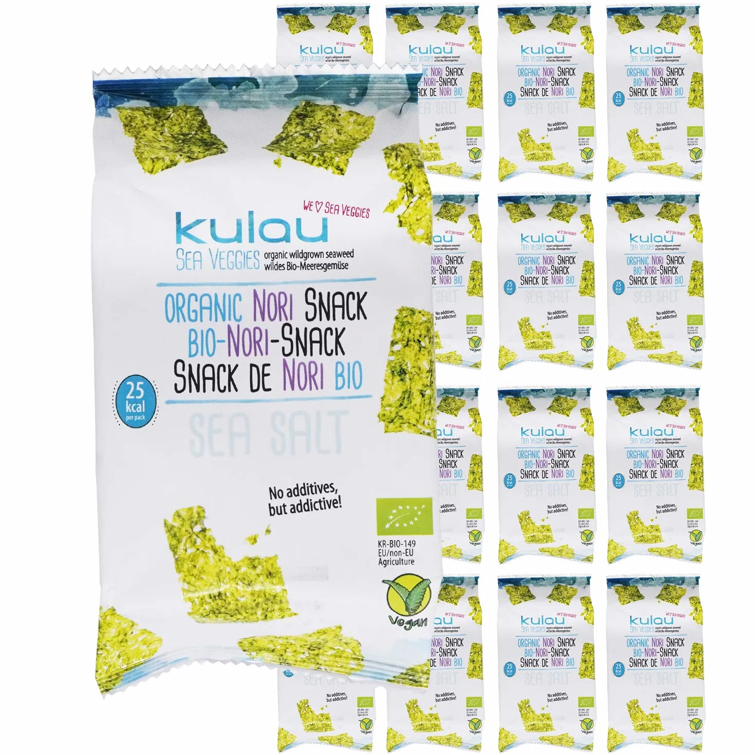 KULAU Bio Nori przekąska 16 x 4 g, chipsy z palonych liści alg nori z naturalną solą morską bez sztucznych dodatków