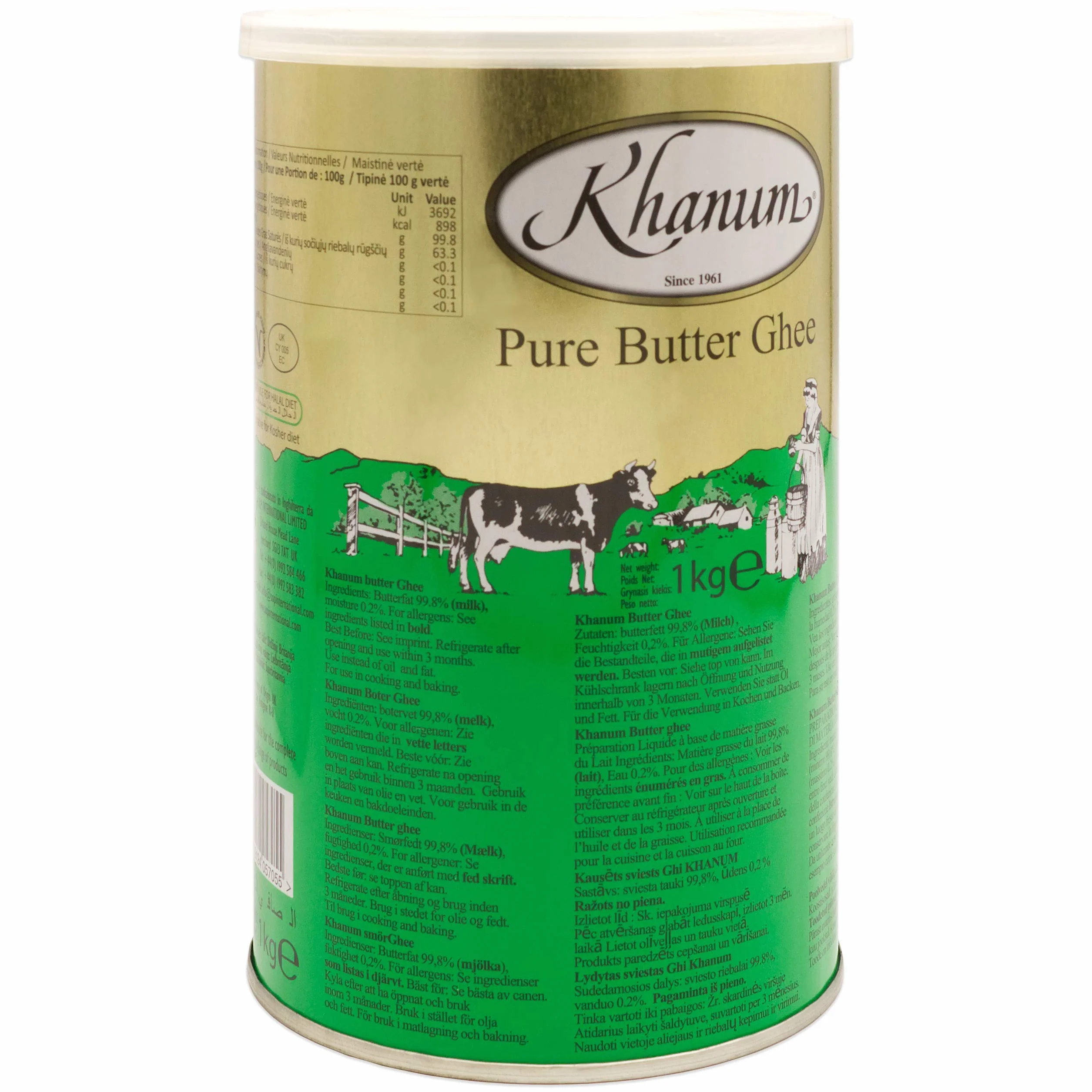 Khanum Pure Butter Ghee - najlepszy tłuszcz do smażenia i gotowania, zestaw 4 sztuk, puszka 1 kg