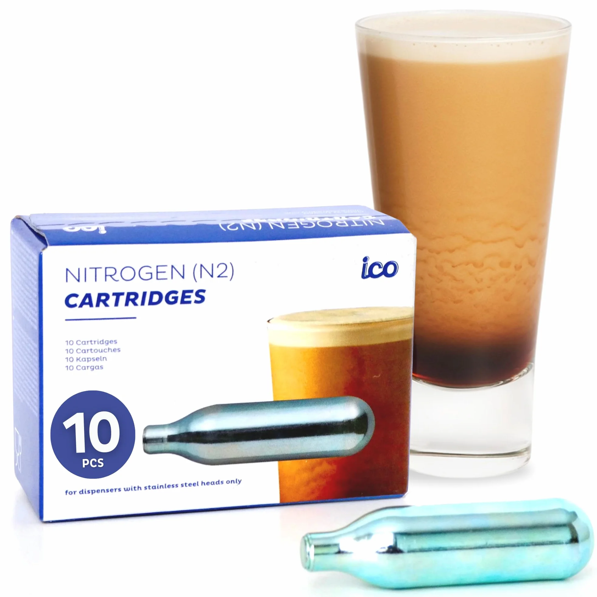 ICO Premium Wkłady Azotowe - 10 Szt Kartridże N2 do Nitro Cold Brew Kawy, Koktajli, Ciemnego Piwa i Herbaty - 2g Naboje Azotowe Spożywcze