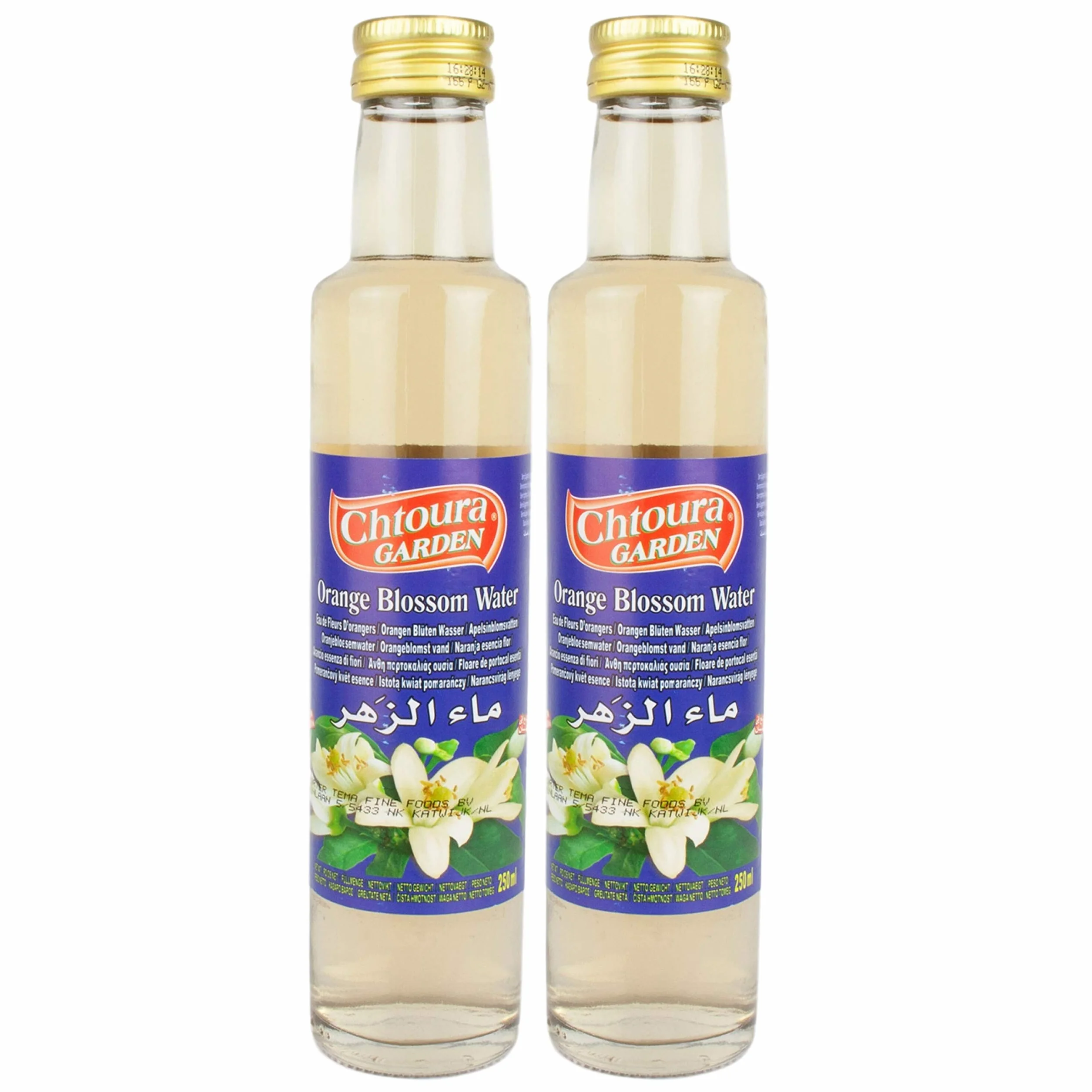 Chtoura Garden - Orientalna woda z kwiatów pomarańczy idealnie nadaje się do pieczenia i gotowania – woda kwiatowa do aromatyzacji słodkich potraw, wypieków i napojów w zestawie 2 szt. butelka szklana o pojemności 250 ml
