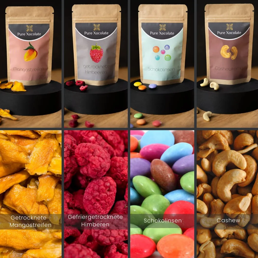 Pure Xocolate Dekoracyjne toppingi – zestaw 12 sztuk, niesłodzone dekoracje do ciast, babeczek, smoothie, czekolady, owsianki, suszone owoce bez dodatków, prezent dla piekarzy hobbystów