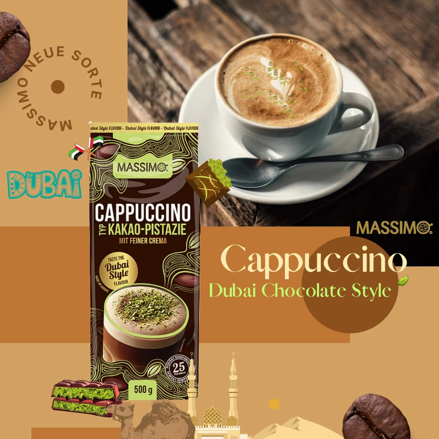 MASSIMO Typ Cappuccino Dubai Chocolate Style, 10 x 500 g proszek do napojów instant z kawą rozpuszczalną, kakao w proszku, pistacje kakaowe z delikatną śmietaną, zawiera kofeinę, szybkie przygotowanie