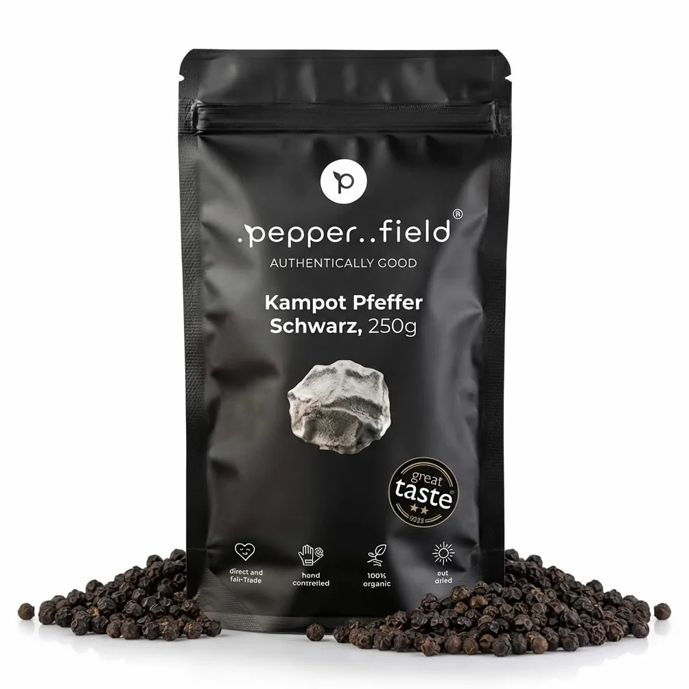 Pepper Field Kampot Pieprz Czarny – Premium Pieprz Czarny W Całości z Kambodży, Świeży & Aromatyczny, Całe Ziarna Pieprzu do Młynka & Kuchni, Great Taste, Idealny do Gotowania & Grillowania, 250g