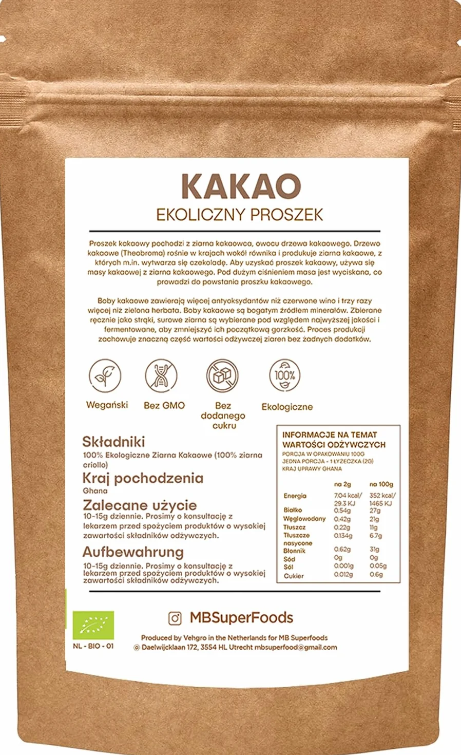 MB Superfoods Organiczny Proszek Kakao - Niesłodzony, Bez GMO, Bezglutenowy, Czysty i Naturalny Proszek Kakaowy do Pieczenia i Koktajli, Codzienne Wsparcie dla Zdrowia i Energii - 100g