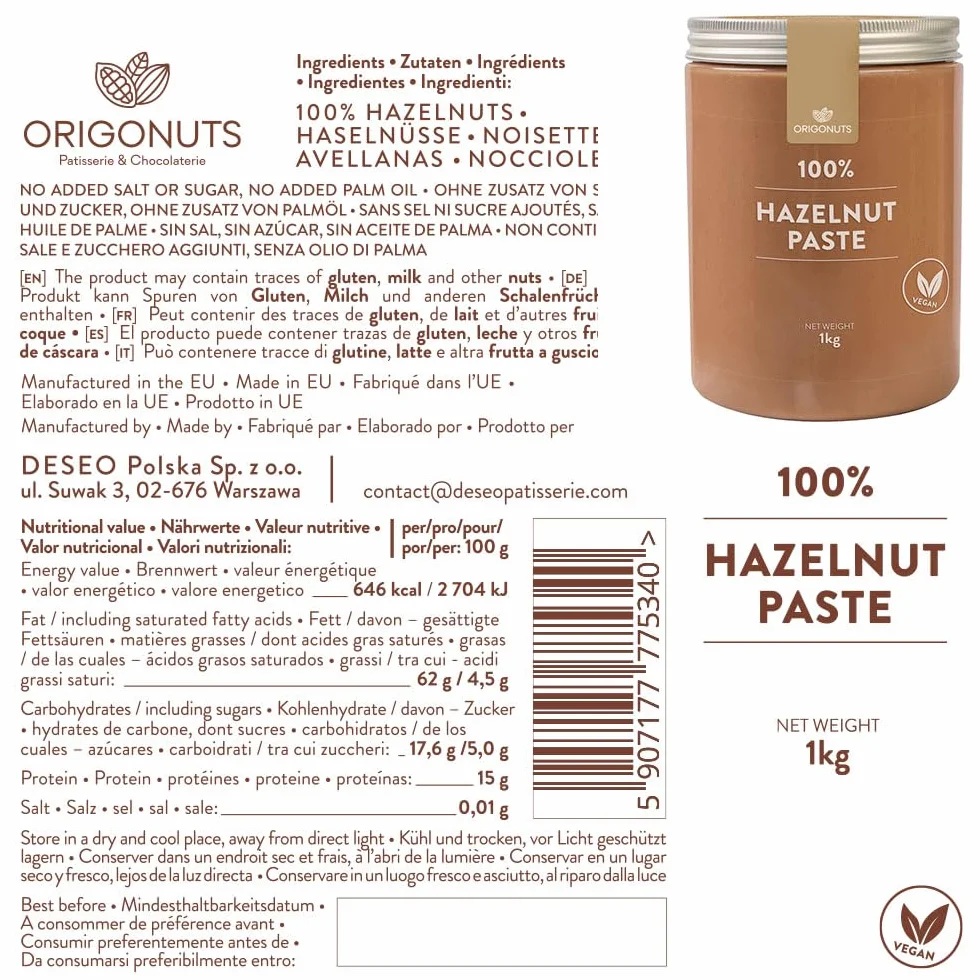 Pasta z Orzechów Laskowych 100% Orzechów Laskowych bez soli cukru 1kg