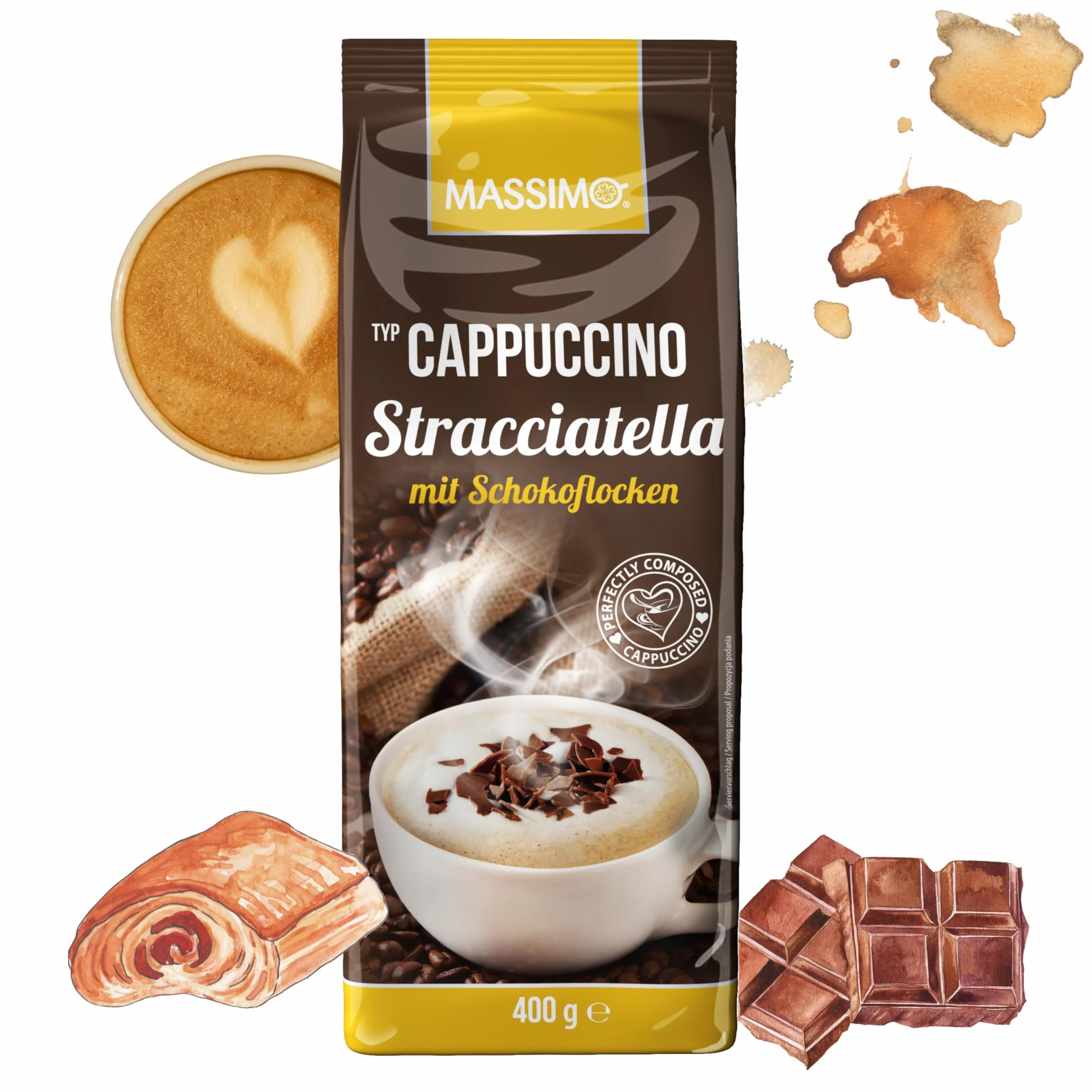 Massimo Cappuccino Stracciatella z płatkami czekolady 10 x 400 g/aromatyzowany proszek do napojów z rozpuszczalną kawą fasolową i płatkami czekolady mlecznej
