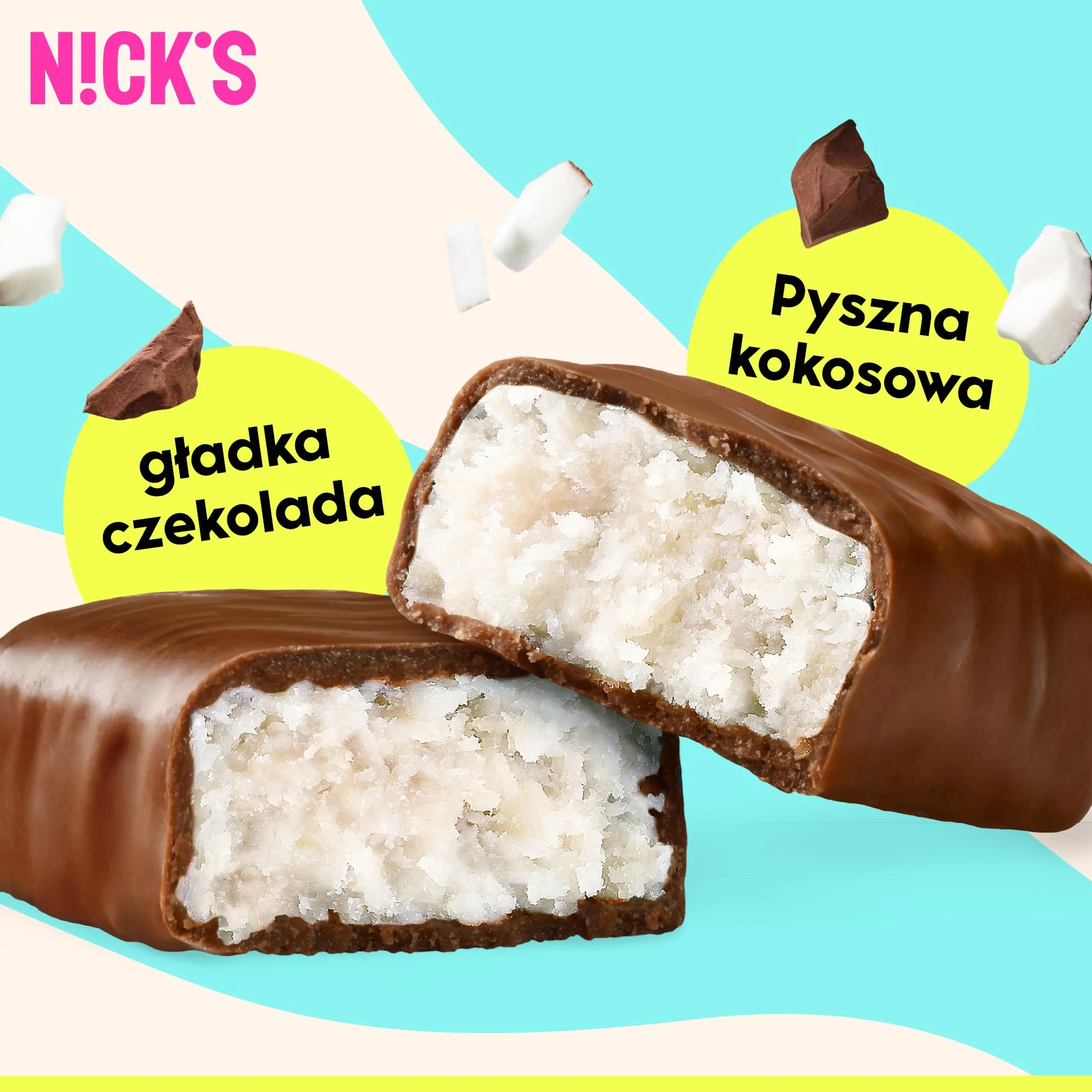 NICKS Keto Batony Coconut, Czekoladowo-kokosowy Przekąski, 175 kalorie, 2 węglowodanów netto, bez dodatku cukru, bezglutenowe, słodycze niskowęglowodanowe (15x40g)