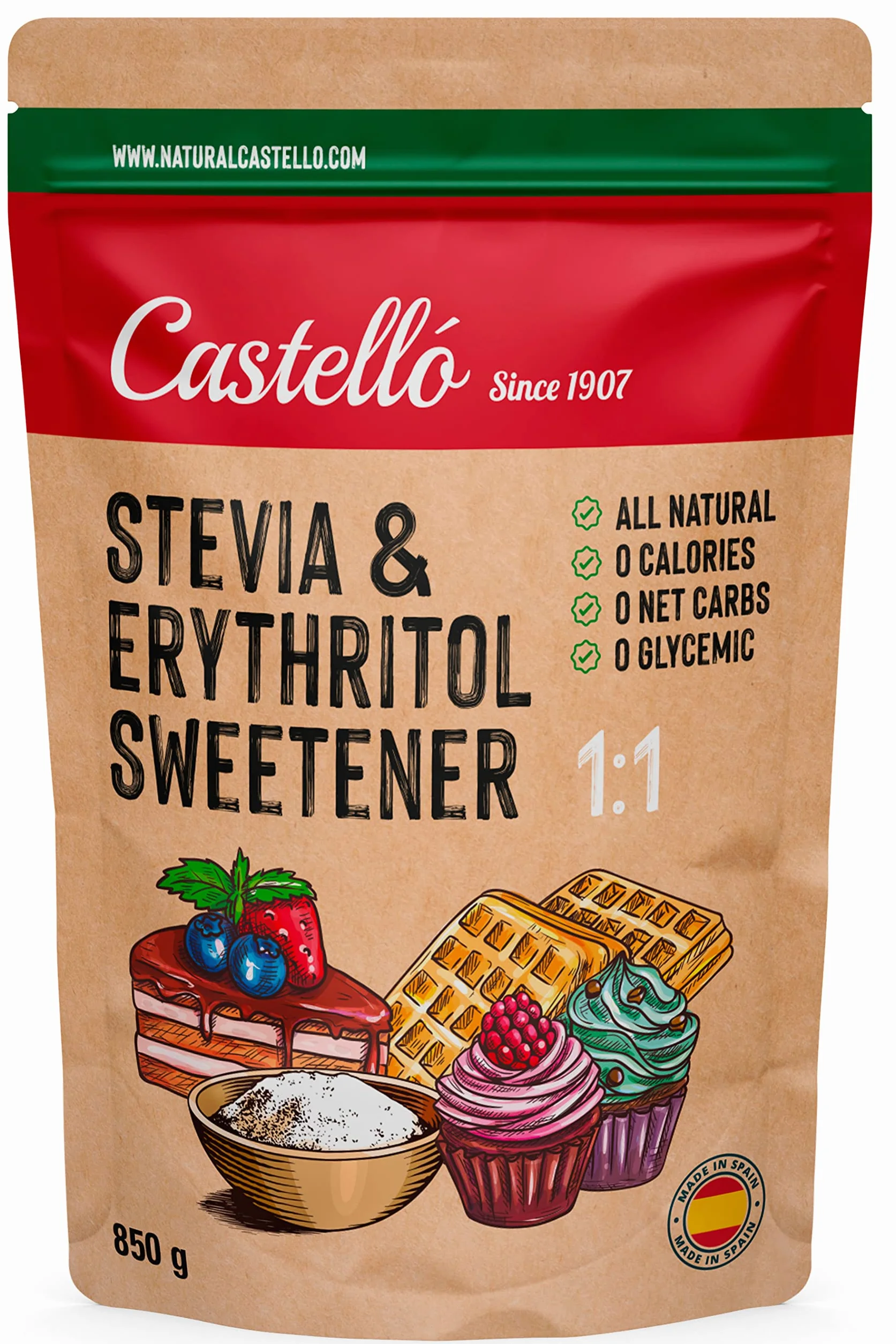 Castello Słodzik Stevia Erytrytol 1:1 850g Naturalny 0 Kalorii 0 Indeks Glikemiczny Keto Paleo Bez GMO