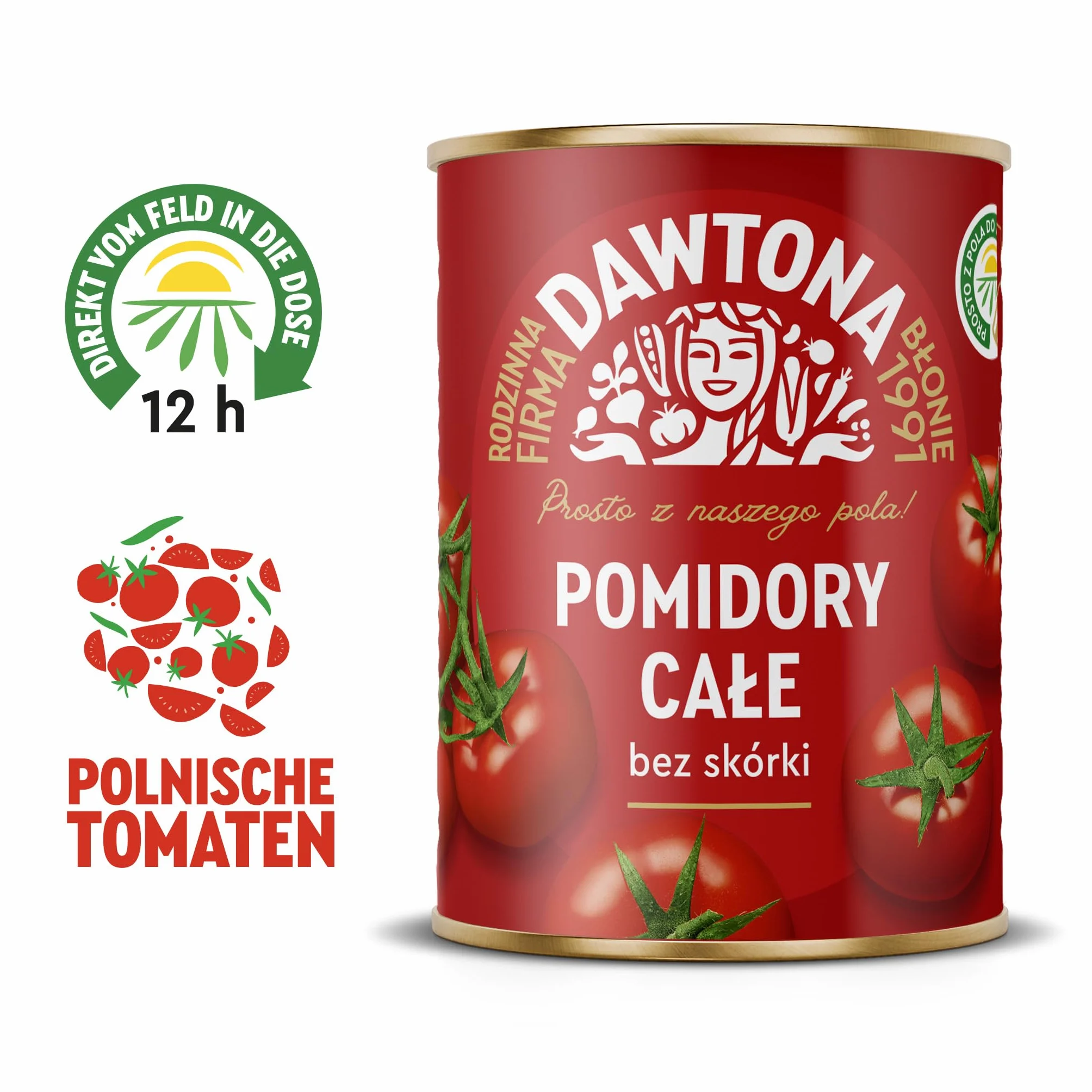 DAWTONA Pomidory całe bez skórki 12 x 400g - W soku pomidorowym, bez konserwantów - W puszce - Idealne do sosów, zup i dań jednogarnkowych