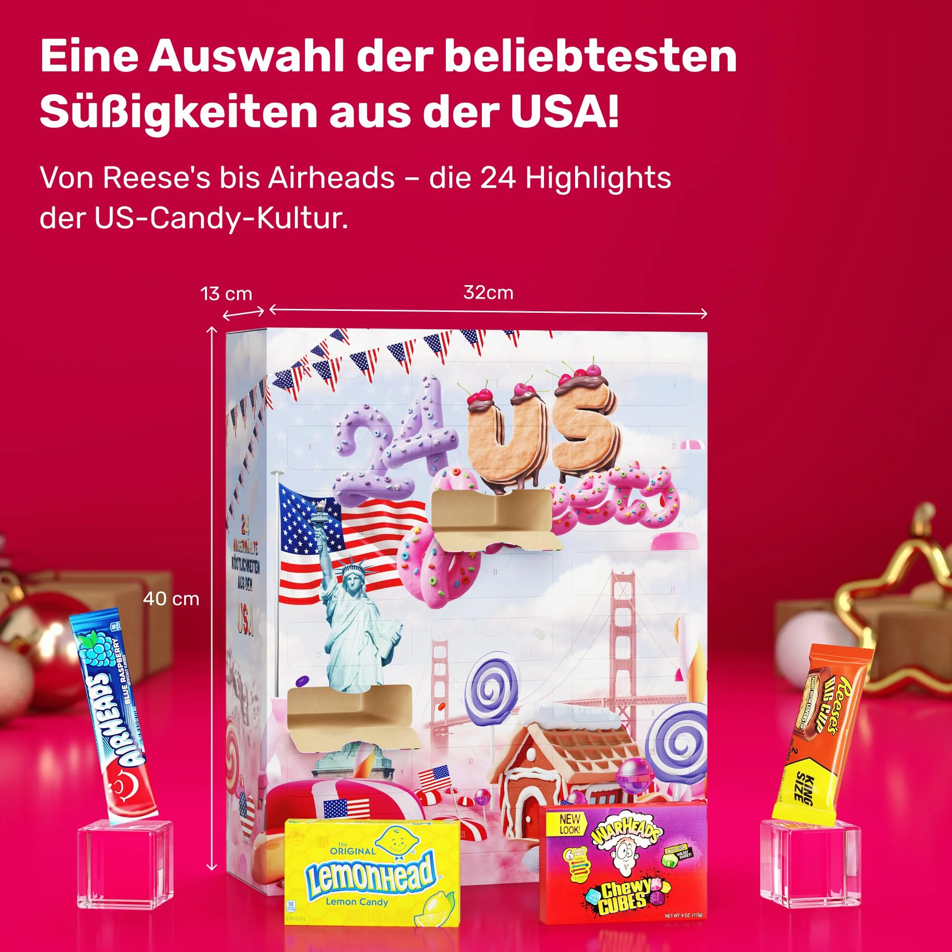 UMBRELLA® Kalendarz Adwentowy USA 2025 z Amerykańskimi Słodyczami [ORIGINAL US CANDY] – Kalendarz Adwentowy 2025 dla Dzieci, Kobiet i Mężczyzn – Kalendarz z Amerykańskimi Słodyczami (24 USA Sweets)