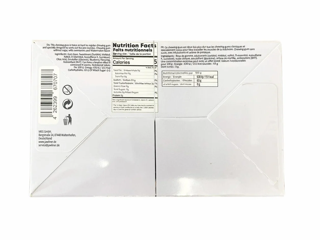 Jawliner® Twarda Guma do Żuchwy – Bez Cukru – Jagodowa – Guma Ćwicząca Mewing – 2x Twardsza niż Zwykła Guma – 130 g (48 pasków)