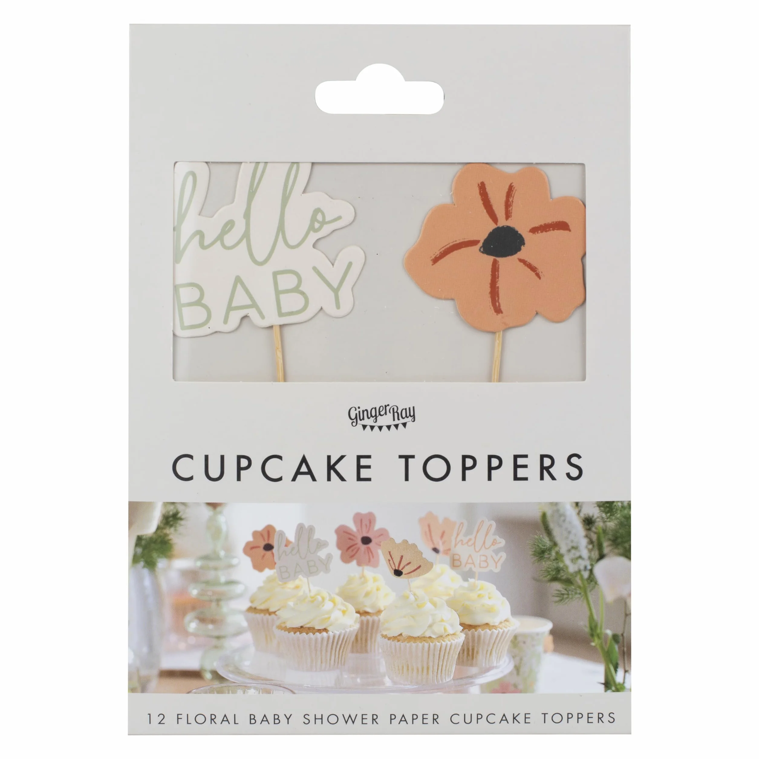 Ginger Ray Kwiatowe toppery do babeczek Hello Baby 12 sztuk pastelowe