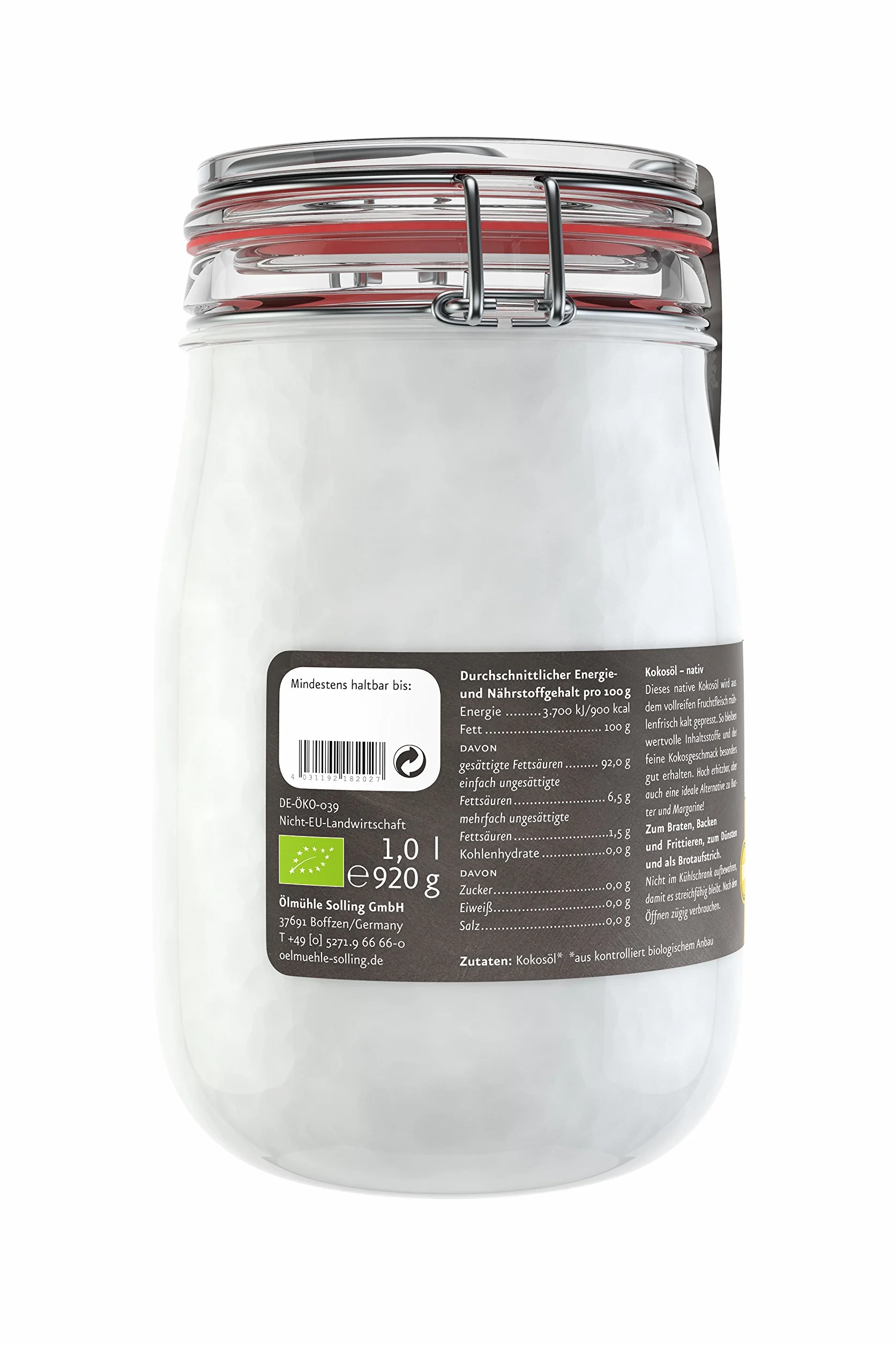 Ölmühle Solling Bio Olej Kokosowy w Słoiku, 1000 ml