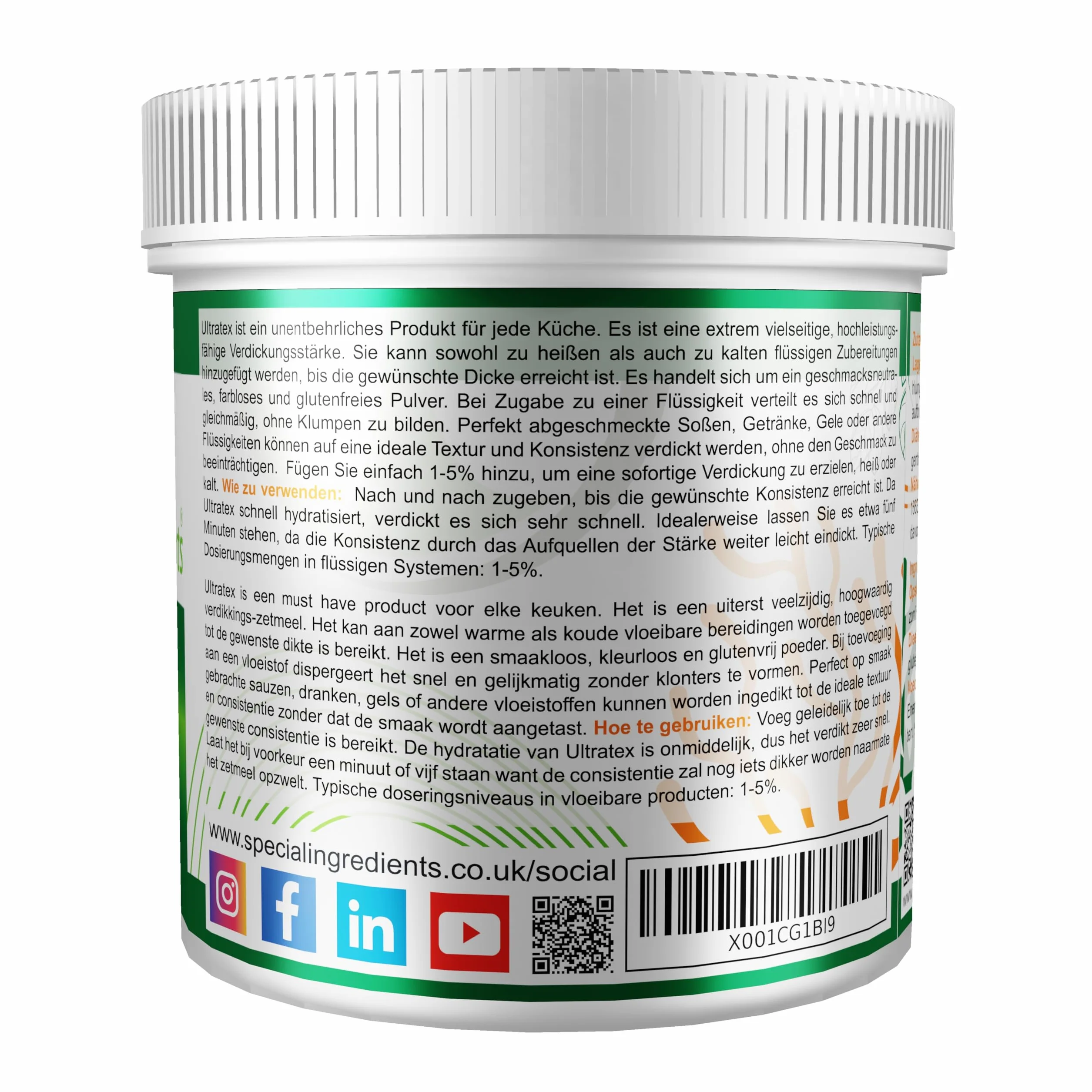 Special Ingredients Ultratex 1 kg, bezglutenowy, wielofunkcyjny, wysoce rozpuszczalny, na ciepło lub zimno, natychmiastowe zagęszczenie – odpowiedni dla wegan – pojemnik z możliwością recyklingu