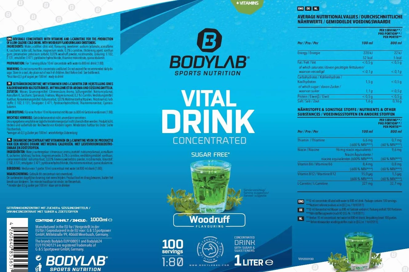 Bodylab24 Vital Drink Concentrated Waldmeister 1000 ml, koncentrat do napojów bez cukru, syrop Zero, z witaminami i L-karnityną, napój sportowy o niskiej zawartości kalorii