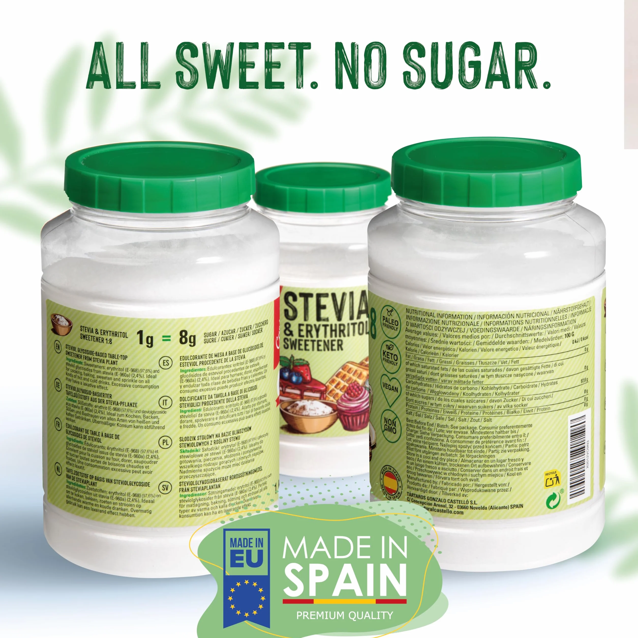 Słodzik Stevia + Erytrytol 1:8 | 1g = 8g cukru | Słodzik o 100% naturalnym smaku - 0 Kalorii - 0 Indeks Glikemiczny - Keto i Paleo - 0 Węglowodanów Netto - Bez GMO - Castello since 1907-1 kg | 1 g = 8 g cukru, 100% naturalny smak, 0 kalorii, 0 indeks glik