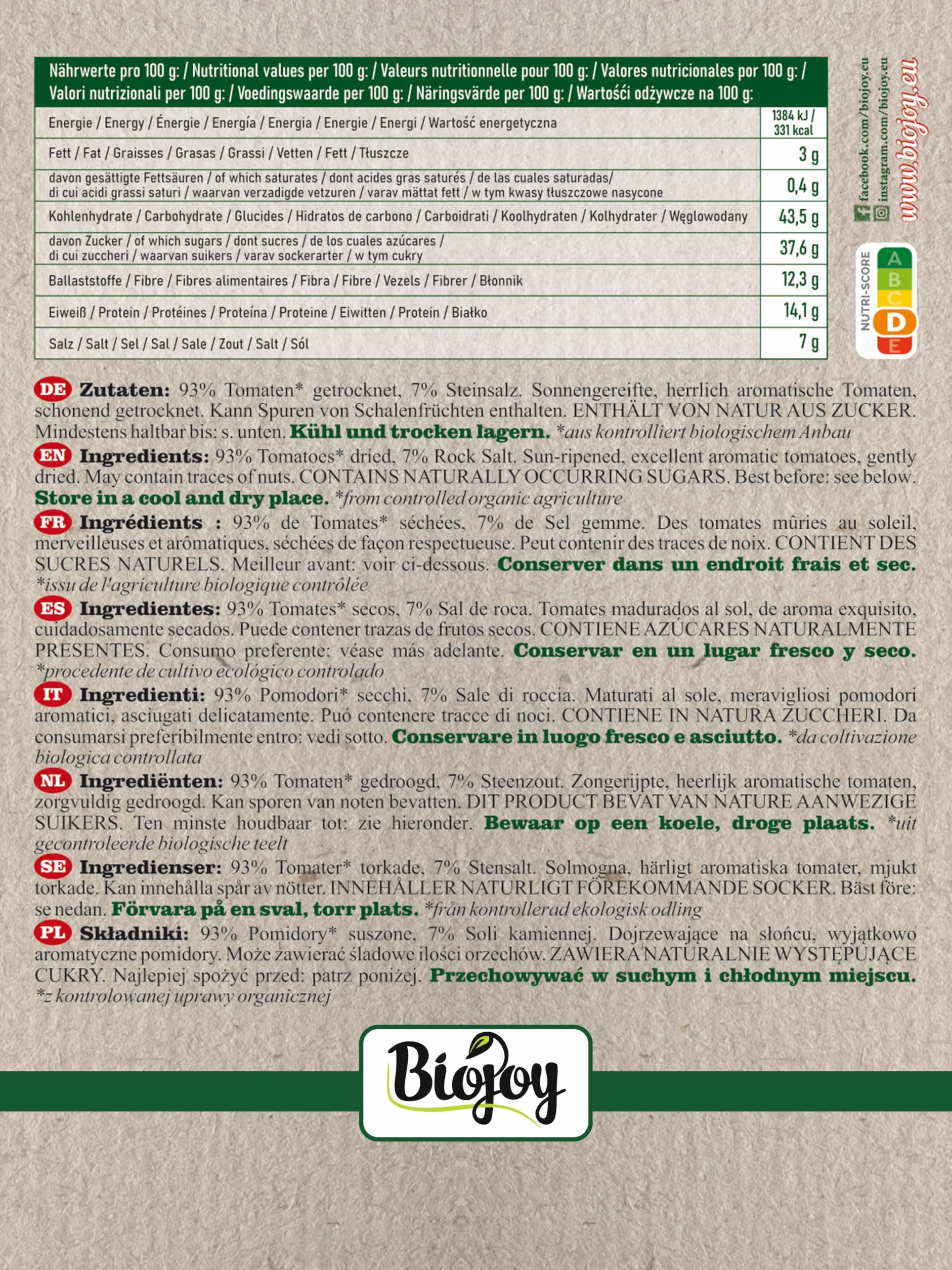 Biojoy BIO-Suszone Pomidory, bez oleju, z 7% Soli kamiennej (1 kg)