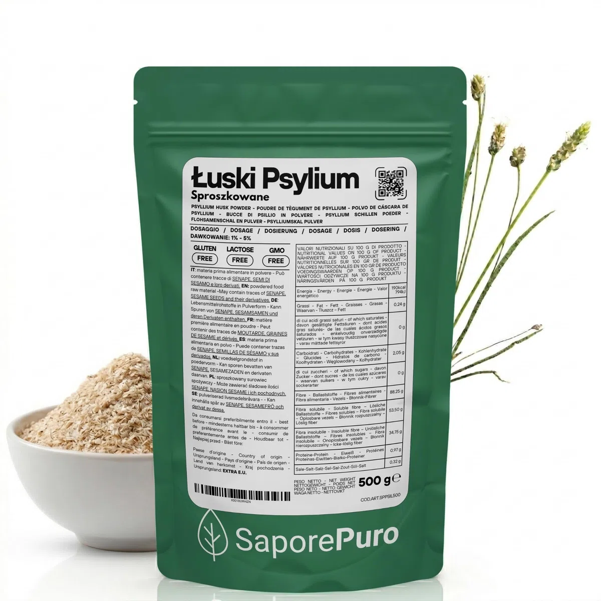 SaporePuro Luski psyllium 500 gr - Błonnik roślinny - 99% czystości - Bezglutenowy