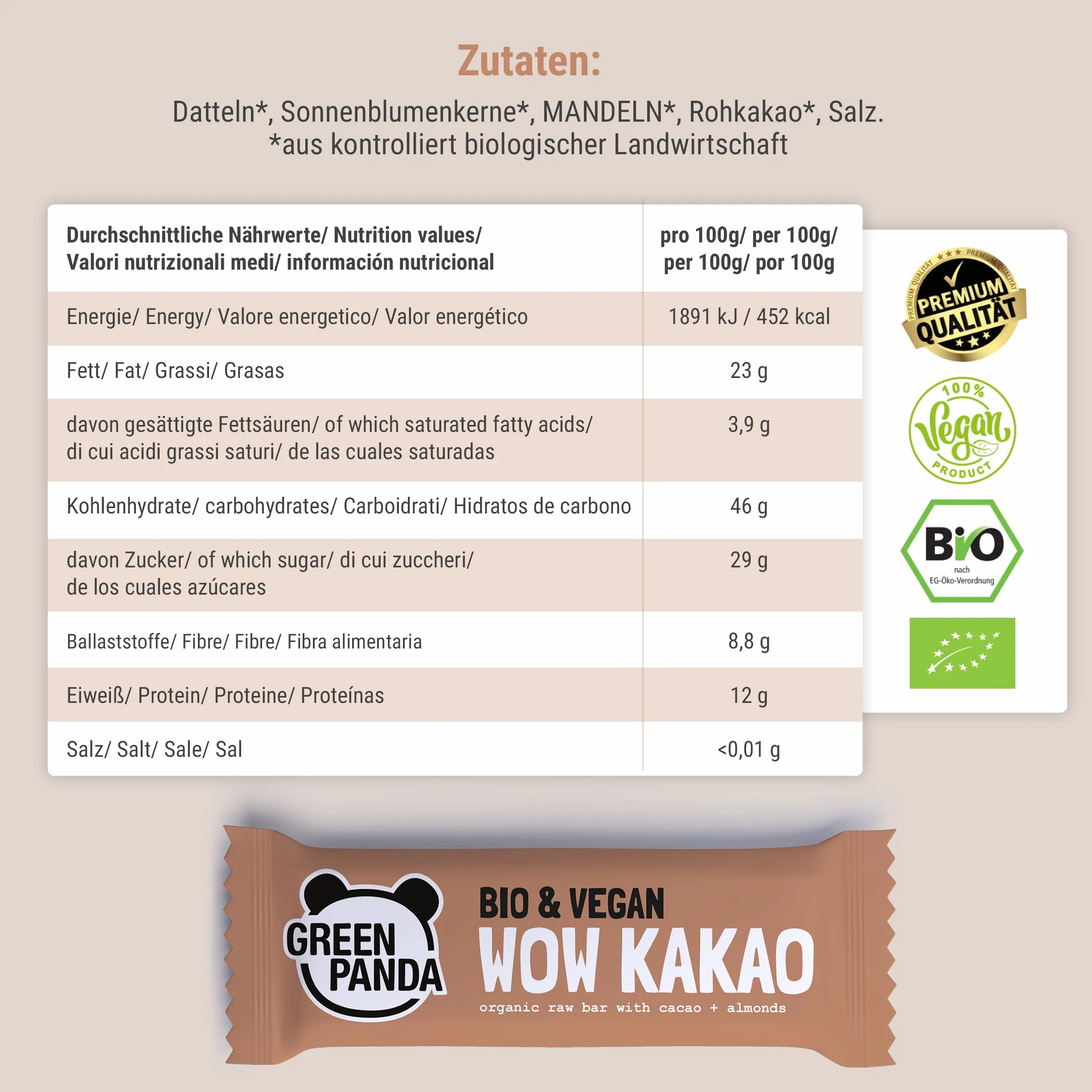 GREEN PANDA Wegańskie kakao batonik orzechowy bez dodatku cukru 100% ekologiczne 12 x 30 g