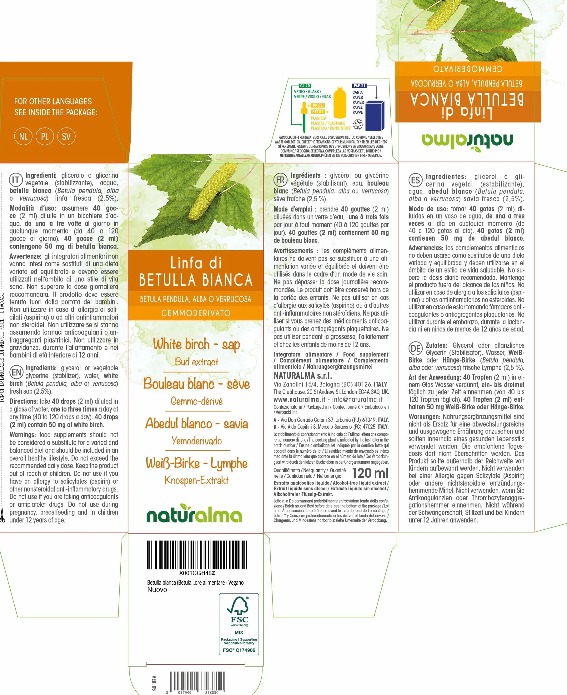 Brzoza brodawkowata lub Brzoza biała (Betula pendula, alba lub verrucosa) Bezalkoholowy ekstrakt ze świeżych pączków Naturalma - Płynny ekstrakt w kroplach 120 ml - Suplement diety - Wegański
