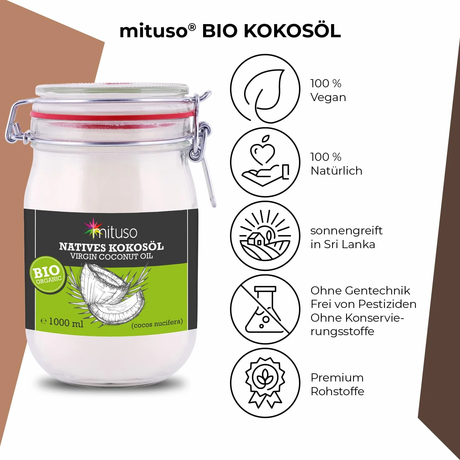 mituso Bio olej kokosowy, natywny, 1 opakowanie (1 x 1000 ml) w słoiku do prasowania
