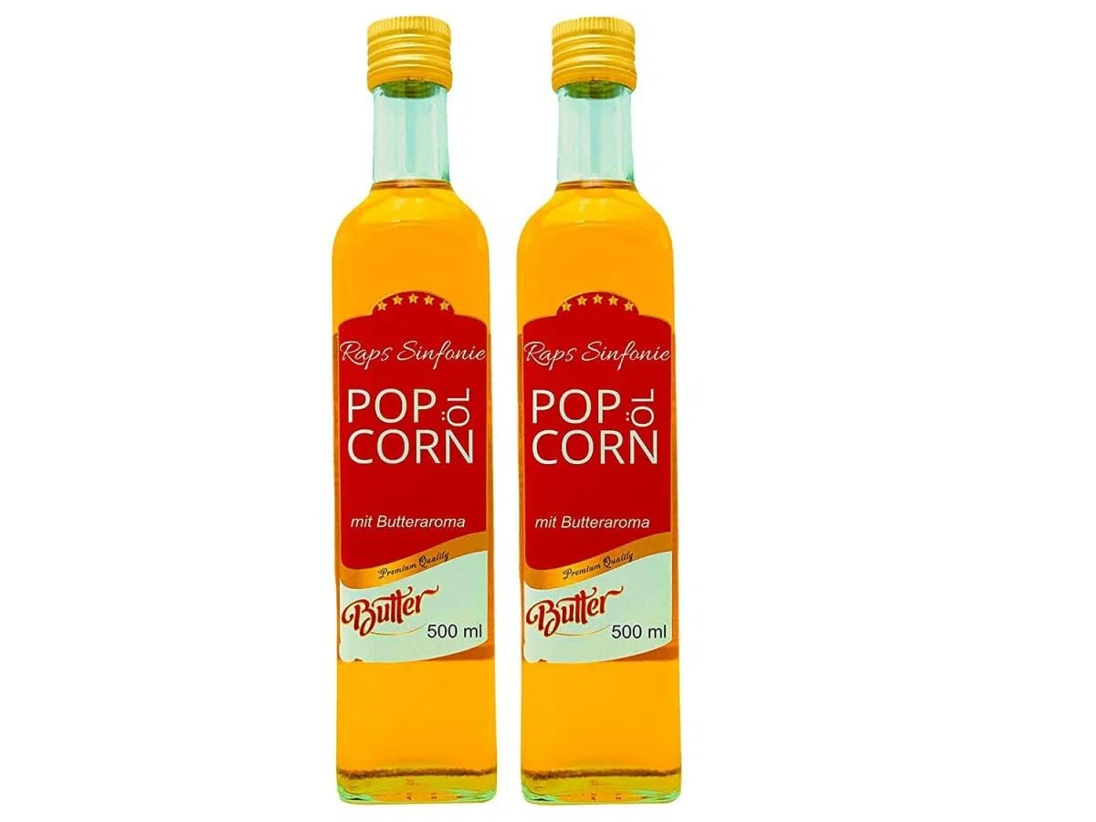 Hopser Food Fun 1 litrowy olej do popcornu o delikatnym naturalnym smaku masła i praktycznym dzióbku