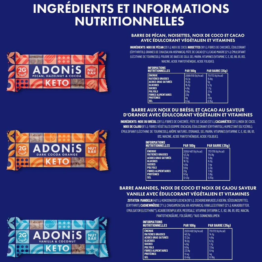 Adonis Keto Riegel Gemischte Snack Box 100% Natürliche Nuss Snacks Low Carb Vegan Glutenfrei Low Sugar Paleo Bars 16er Box