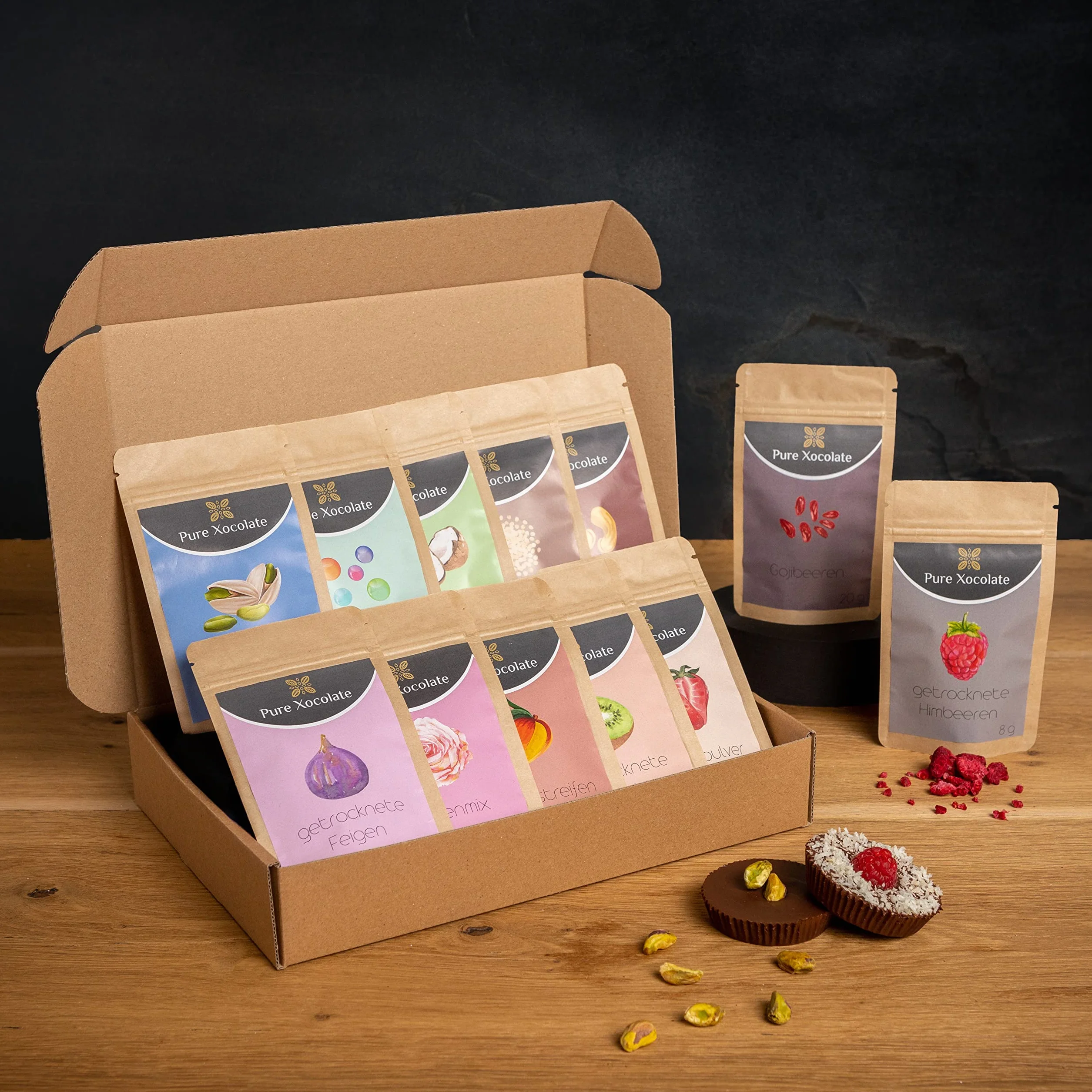 Pure Xocolate Dekoracyjne toppingi – zestaw 12 sztuk, niesłodzone dekoracje do ciast, babeczek, smoothie, czekolady, owsianki, suszone owoce bez dodatków, prezent dla piekarzy hobbystów