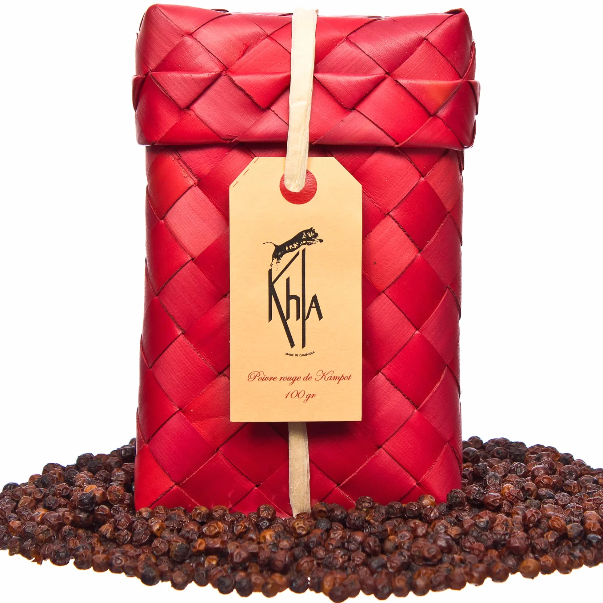 KHLA - Czerwony pieprz kampot Premium GGA - 100 g - ziarna pieprzu w woreczku - z uprawy ekologicznej - tradycyjne opakowanie w liściach palmowych