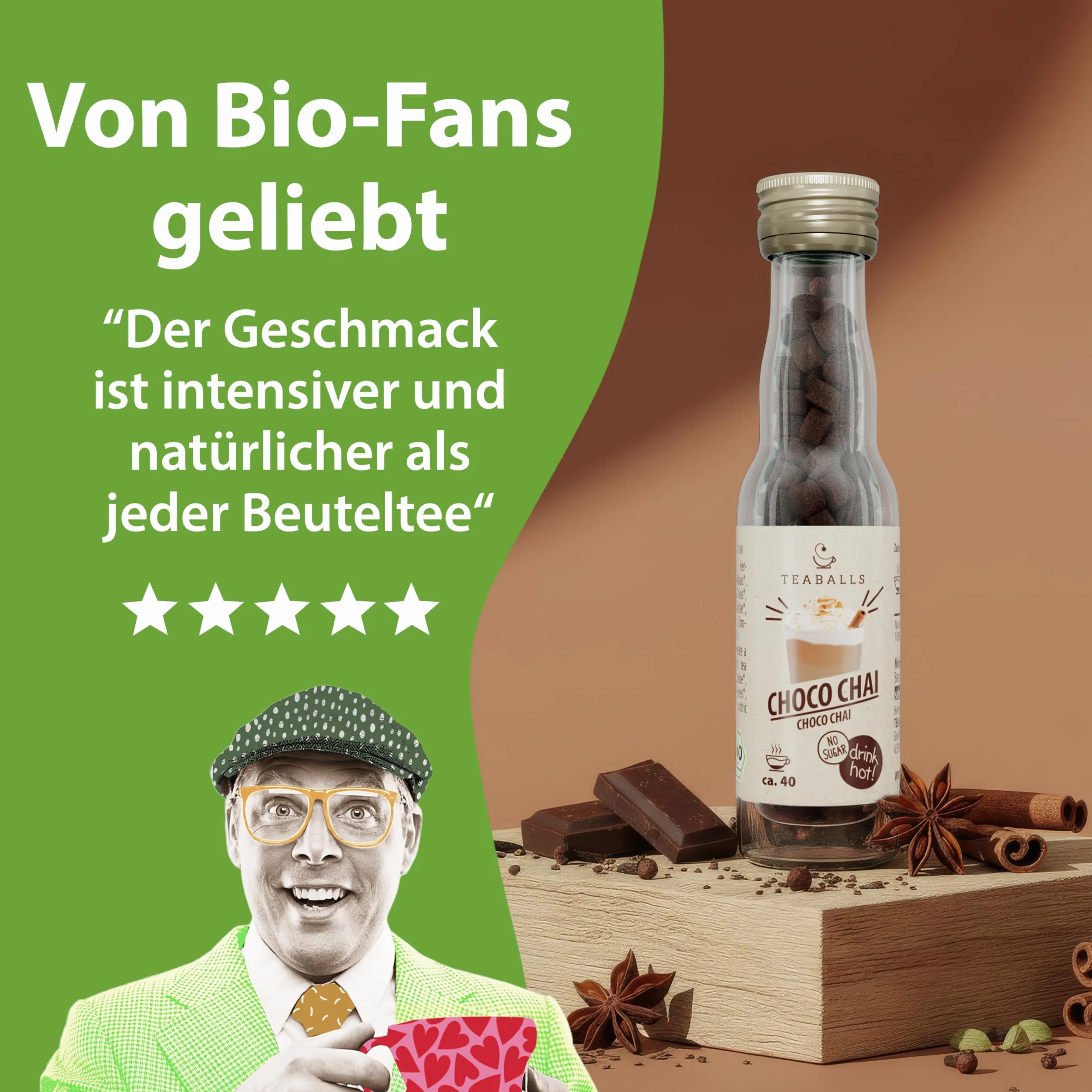 TEABALLS – BIO CHOCO CHAI – herbata kakaowa z przyprawami, bez worka, tylko z gorącą wodą, czekoladowo-pikantna, 40 filiżanek, bez cukru i kalorii, wegańska, niemiecka innowacja