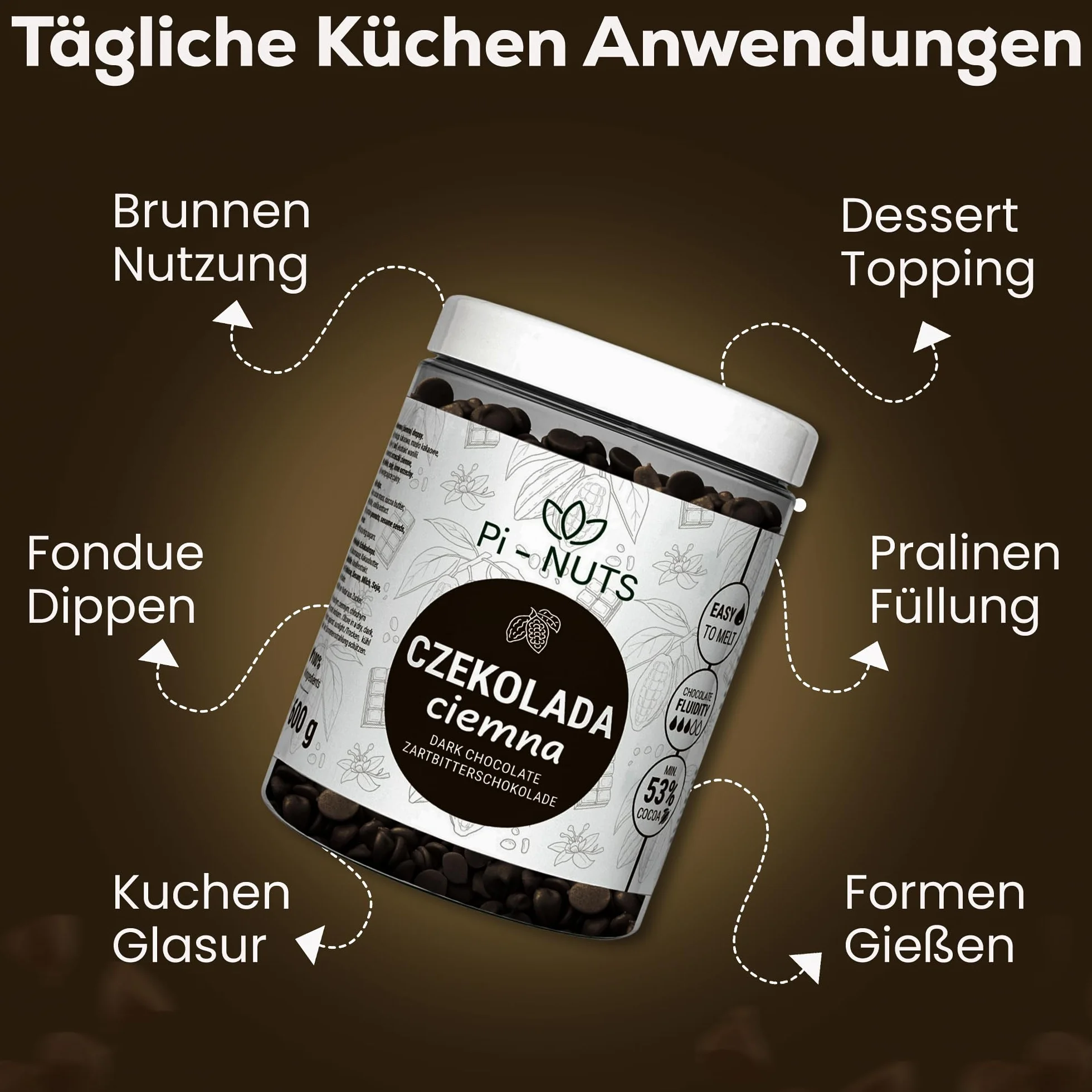 Pi-NUTS Czekolada Ciemna 53% Dropsy, Do Wypieków, Fondue, Fontann, Pralin, 600g